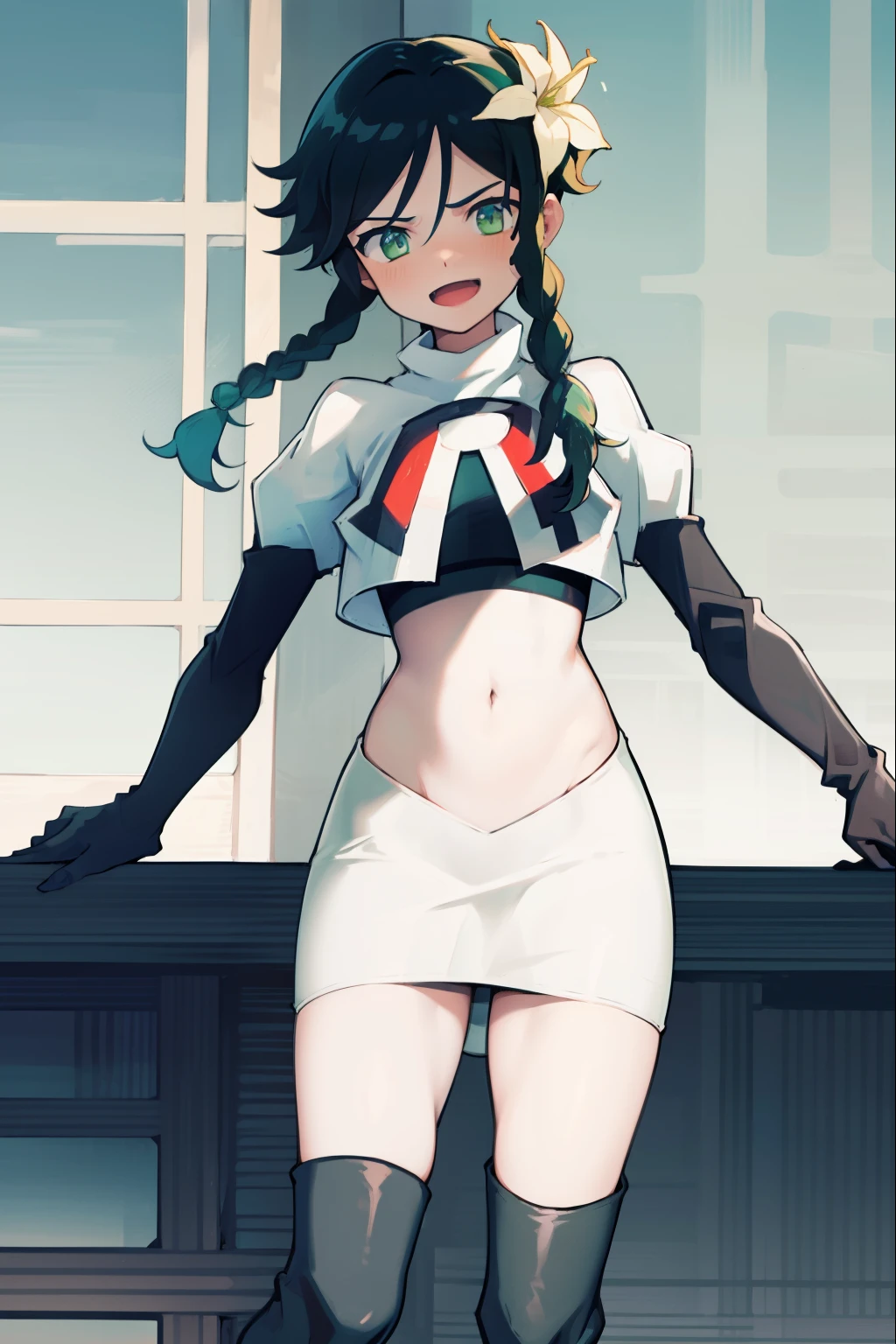 absurdres,venti,1boy, male focus, trap,black hair, green-blue hair, hair braid,hair flower,aqua green eyes,crossdressing,1boy,team rocket,team rocket uniform,white skirt,red letter R,crop top,black thigh-high boots,black elbow gloves, laughing, happy, blush