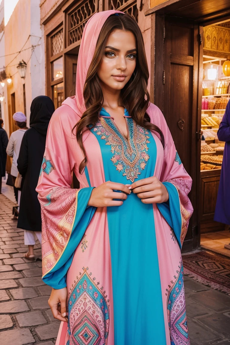 Instagram-Models posieren in Marakesh souk, in colorful futurisic kaftan hoodie, full entire body, beautiful detailed eyes, beautifully detailed lips, extremely detailed eyes and face, kurzes, welliges rosa Haar ((best qulaity)), ((Meisterwerk)), (detailliert), perfektes Gesicht, full entire body