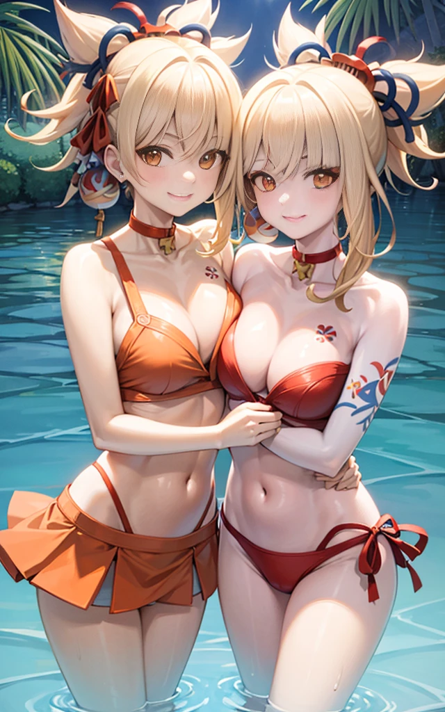 Two girls smiling in the water in the bathtub，No teeth exposed. Female twins， vivd colour，natural  lightting, Best quality, Chest to chest, hugging eachother, sunny masterpiece, Navel Exposed, The face is red, Orange swimsuits holding each other&#39;with her left hand, Full, Bigchest, Bigchest