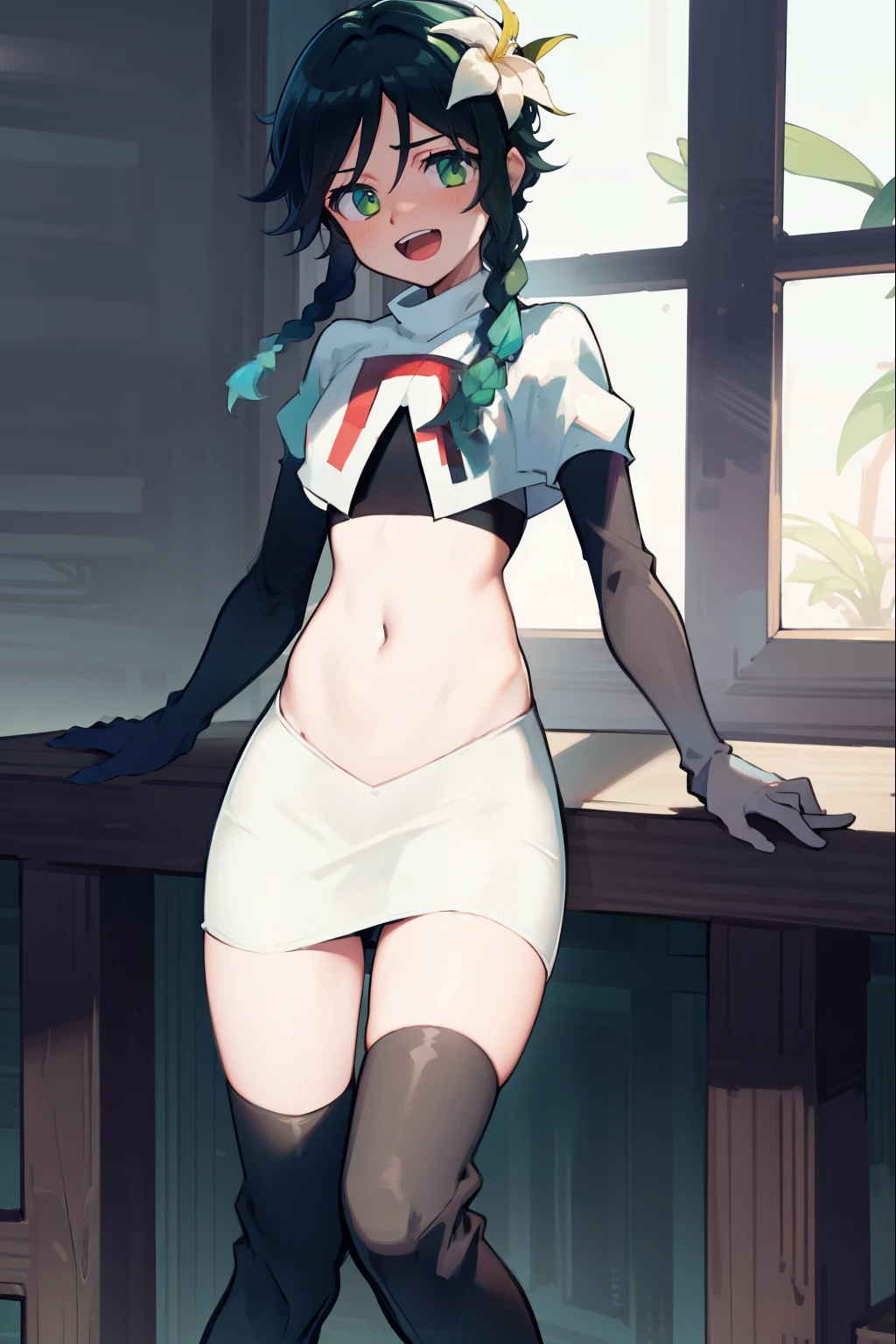 absurdres,venti,1boy, male focus, trap,black hair, green-blue hair, hair braid,hair flower,aqua green eyes,crossdressing,1boy,team rocket,team rocket uniform,white skirt,red letter R,crop top,black thigh-high boots,black elbow gloves, laughing, happy, blush