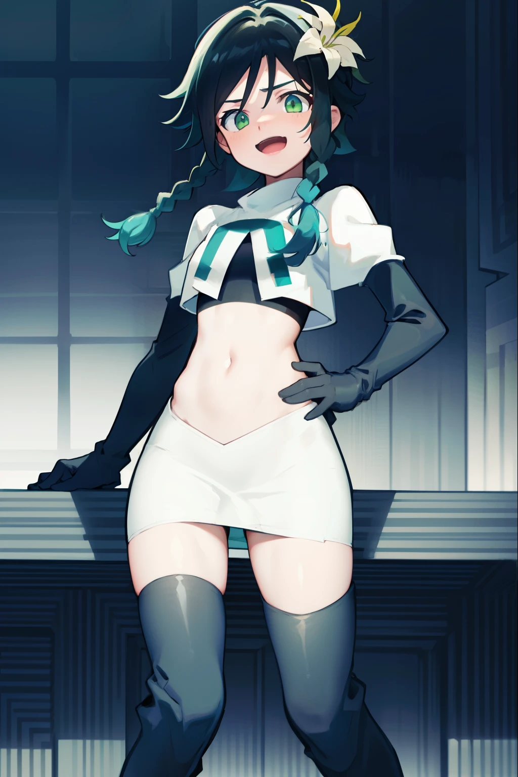 absurdres,venti,1boy, male focus, trap,black hair, green-blue hair, hair braid,hair flower,aqua green eyes,crossdressing,1boy,team rocket,team rocket uniform,white skirt,red letter R,crop top,black thigh-high boots,black elbow gloves, laughing, happy, blush