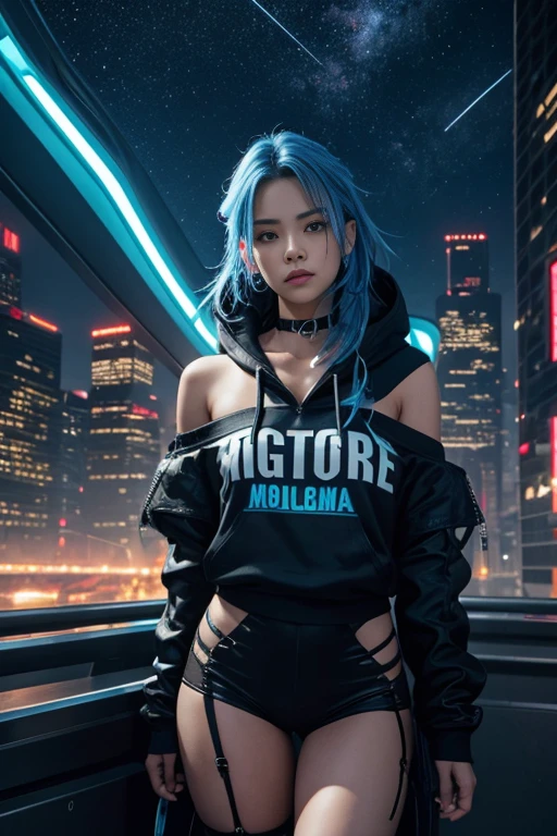 (Masterpiece), Best Quality, Ultra High Resolution, Little Girl, 1girl, Hoodie, Blue Hair, Very Long Hair, Bare Shoulder, Feather Hair Accessories, Neon Twinkle, Cyberpunk, Stunning City View, Stunning Night Sky, Perfect Lighting, Realism, Realistic Skin