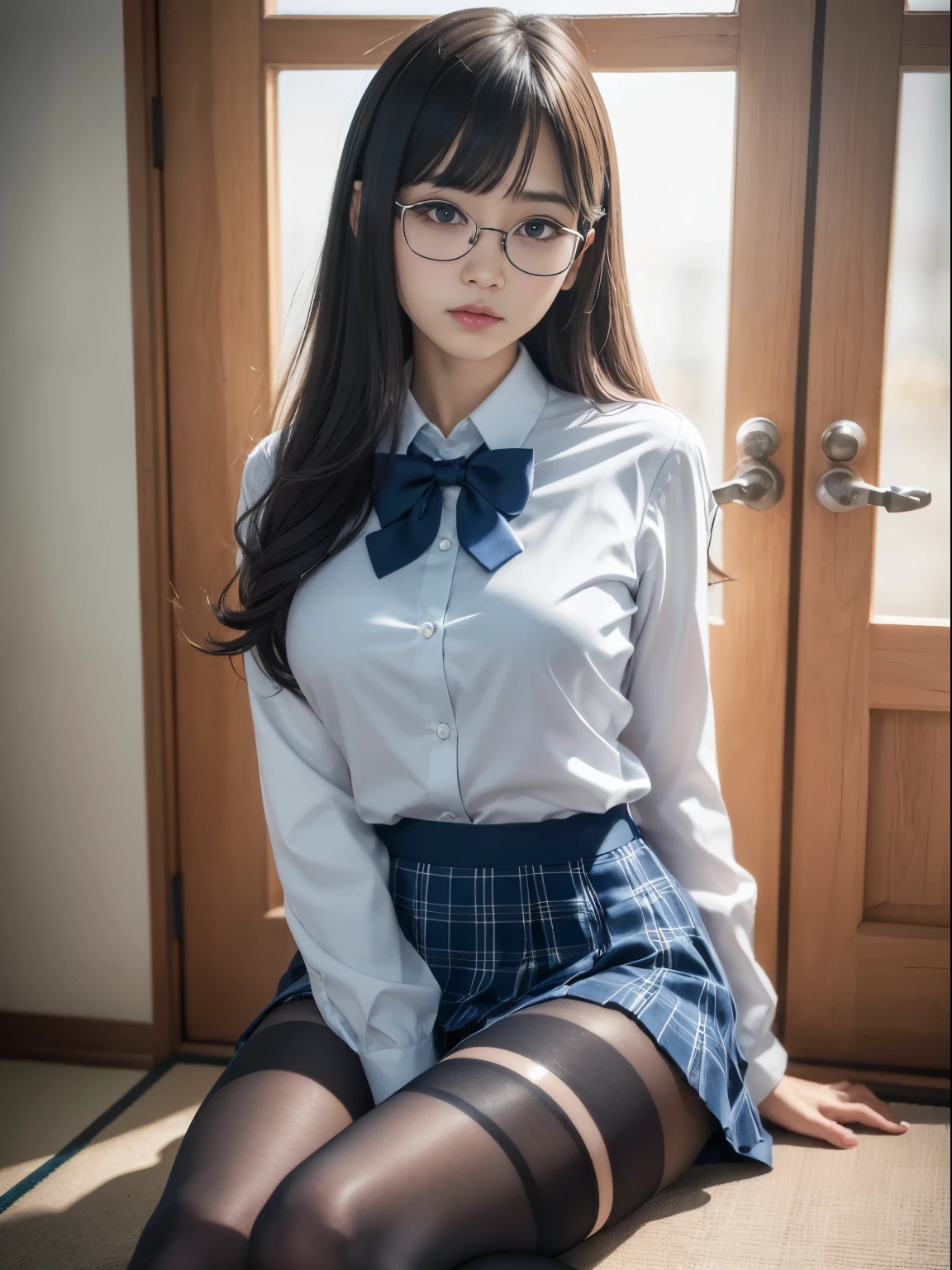 (I see underwear)、((細いThe eye))、((細いThe eye))、((細いThe eye))、(8K、生a picturegraphy、top-quality、masterpiece:1.2),、Has a small、(flat breast)、(flat breast)、(flat breast)、(flat breast)、(flat breast)、(being thin)、light skinned、skin whitening、Dark look、Rasping,glamor,light skinned肌,cocky,School,watching at viewers,Looking at the front,Muchimuchi,High-pitched clothing,Erotic,Pupils,de pele branca,kne,((Black pantyhose)),absurderes,a small face,,Forehead visible,Bangs hanging from the left and right sides of the forehead,(a cold expression,The eyeがきつめ,glares,Bullish,irate)、masterpiece,top-quality、超A high resolution,生a picture,ren,Beautiful fece,One Person, 独奏,eye glass,,Dark look,Small breasts,fullllbody,(まるeye glass),JK school uniform,hi-school girl,A Japanese Lady, (Photorealsitic:1.37)、Photon mapping,Realistic、Beautie,Cute little face,ブラウンThe eye、Black socks、(Red bow tie)、Radio City、Physically Based Rendering、depth of field rally background、a picture,Body,beauty legs, Long legs, Thin leg,(Bangs are visible), hair, s lips, Blue_The eye, nosesoft,(Light blue shirt), (Navy and blue and white plaid pleated skirt), kneが見える,Sheer clothing,, Thigh, Black cotton socks,Nogizaka Idol, , Japanese ido