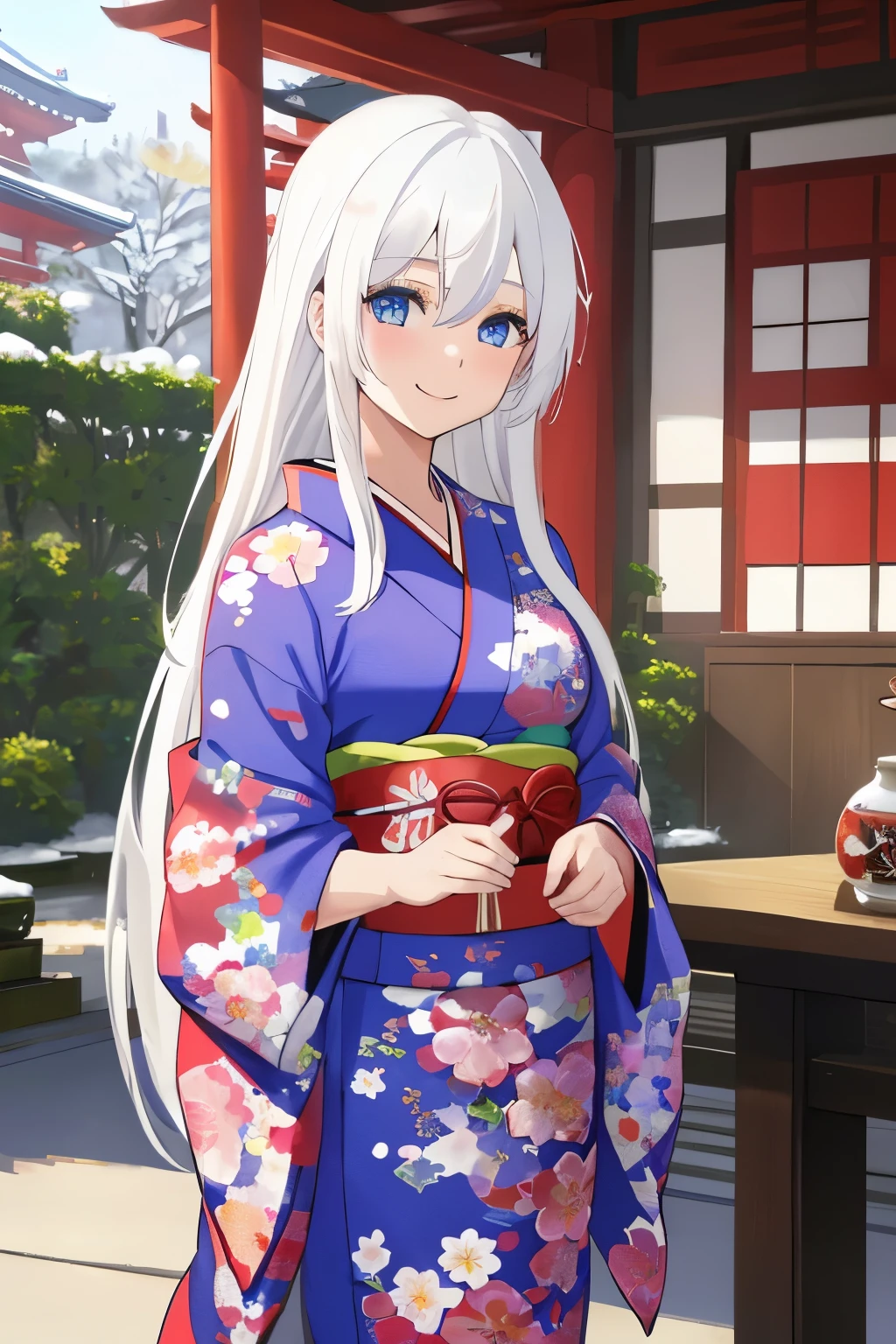 Chica anime, ((Masterpiece), top-quality, Top image quality, ((((solo)))), ((((white hair)))), long hair, Beautiful blue eyes, Shining eyes, dye one's cheeks red, smile, teens girl, 18yo, cute, {{{{floral printed kimono}}}}, wearing fusion kimono and yukata, surrounded by items representing the Japanese New Year, snow, 8k