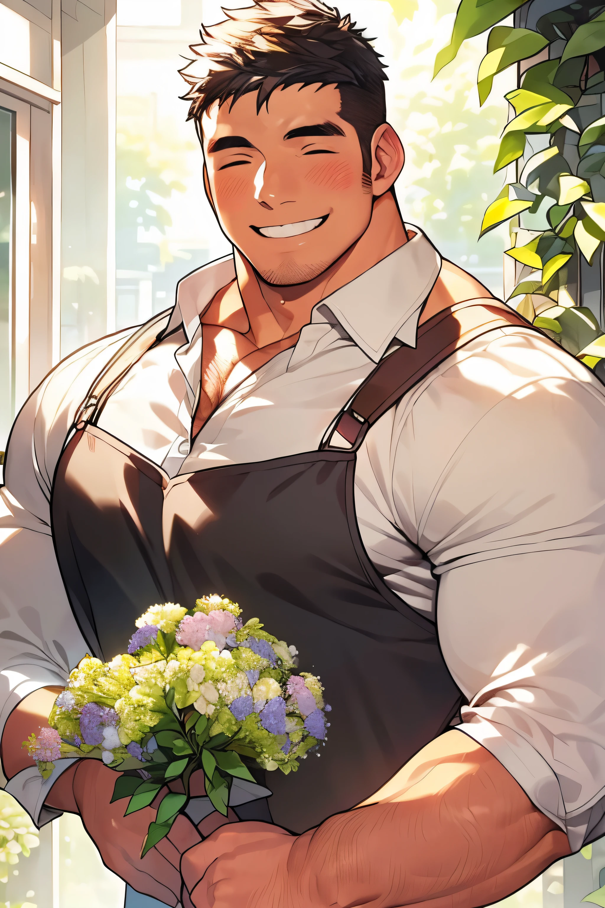 morning、No chest hair,(Solo Male:1.2)、Niiji male、(Wearing a apron:1.2)、(masutepiece:1.2),a plant、(surrounded by beautiful bouquets:1.5),thick eyebrow、(chest muscles exposed:1.4), [(muscular male:1.2)|Musclegut], ([Massive|:1.2)Stocky], short-haired、cropped hair、(Bigchest),popular on Instagram、(close up:1.1)、blushed face、a handsome、a beard,Smiling smile、Closed eyes