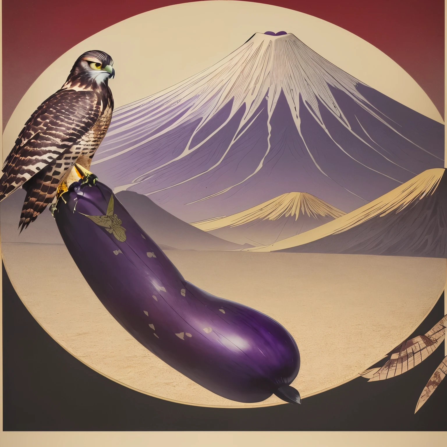 (best quality, 32k, RAW photo, incredibly absurdres, extremely detailed), New Year's scenery, Mt. Fuji, (hawk:1.5), (long eggplant:1.4), Japanese style drawing, ukiyo-e style, art, (delicate, flashy and dynamic depiction)