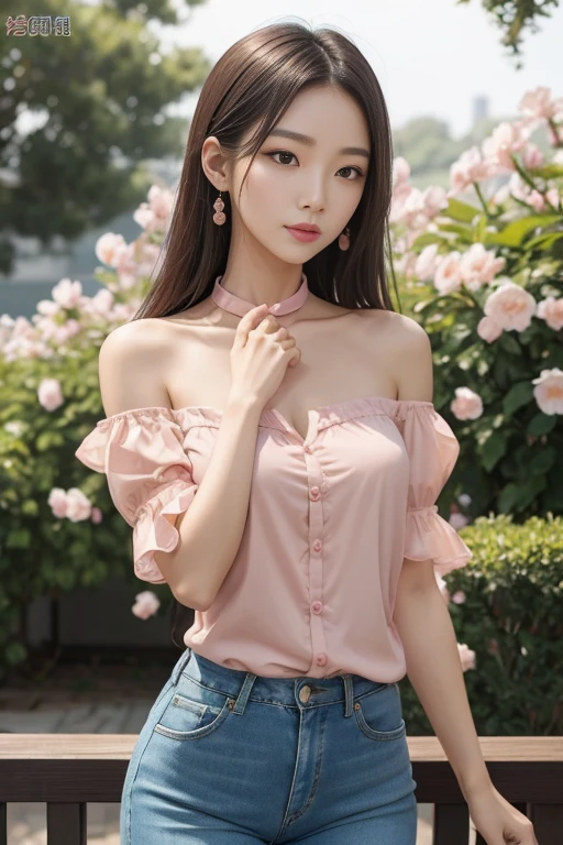 Gentle and charming Chinese beautiful woman, half-length photo, delicate and sexy collarbone, charming oval face, double eyelids, vivid peach blossom eyes, pink lips, small nose, bare shoulders, focused face, face close-up, ultra-high-definition, Super details, elegant standing posture, Korean style puff sleeve square collar slim short shirt, matched with high waist light-colored jeans suit