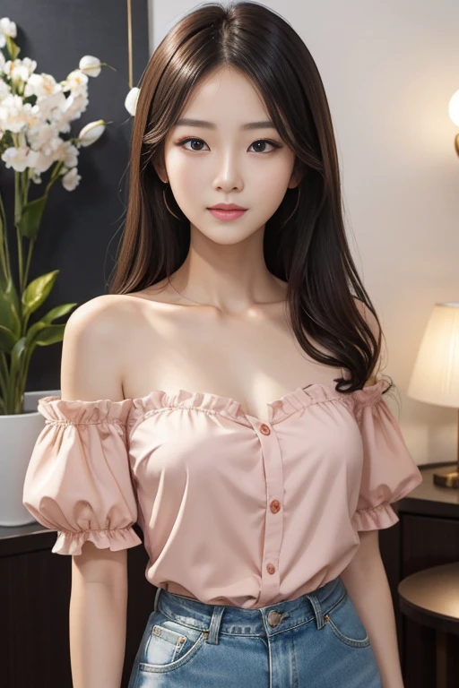 Gentle and charming Chinese beautiful woman, half-length photo, delicate and sexy collarbone, charming oval face, double eyelids, vivid peach blossom eyes, pink lips, small nose, bare shoulders, focused face, face close-up, ultra-high-definition, Super details, elegant standing posture, Korean style puff sleeve square collar slim short shirt, matched with high waist light-colored jeans suit