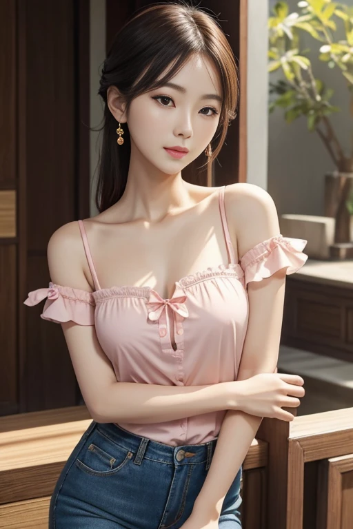 Gentle and charming Chinese beautiful woman, half-length photo, delicate and sexy collarbone, charming oval face, double eyelids, vivid peach blossom eyes, pink lips, small nose, bare shoulders, focused face, face close-up, ultra-high-definition, Super details, elegant standing posture, Korean style puff sleeve square collar slim short shirt, matched with high waist light-colored jeans suit