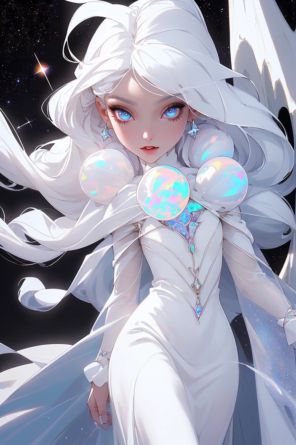 {-erro_de_anatomia:1.0} masterpiece, highest quality, (perfect face:1.1, (high detail)1.1, sweet Alien vampire , long soft white hair, opal eyes, perfectly drawn face, black dress, stars detailed background, prismatic lighting, glitter, whole body, walking on the stars