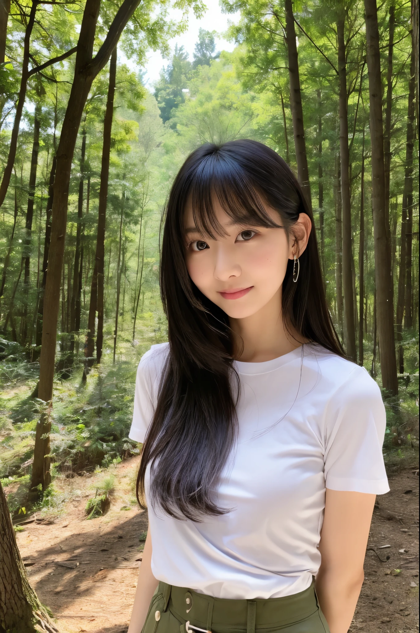 a pregirl,long whitr hair,ssmile, looking at viewert, white shirt,Bulk bags, baggypants,Perspective is a bottom-up photo, realisticlying, Best quality at best, employee, 详细的脸,Sitting on a large mossy rock in the middle of a bamboo forest, diffuselighting, depth of fields, Background bokeh