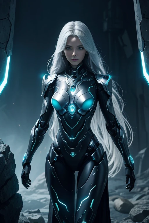 studio photo, beautiful robotic metal woman standing alone, strange fantasy image, odd glowing rocks, beautiful, detailed, long flowing hair, medium breasts, great skin texture