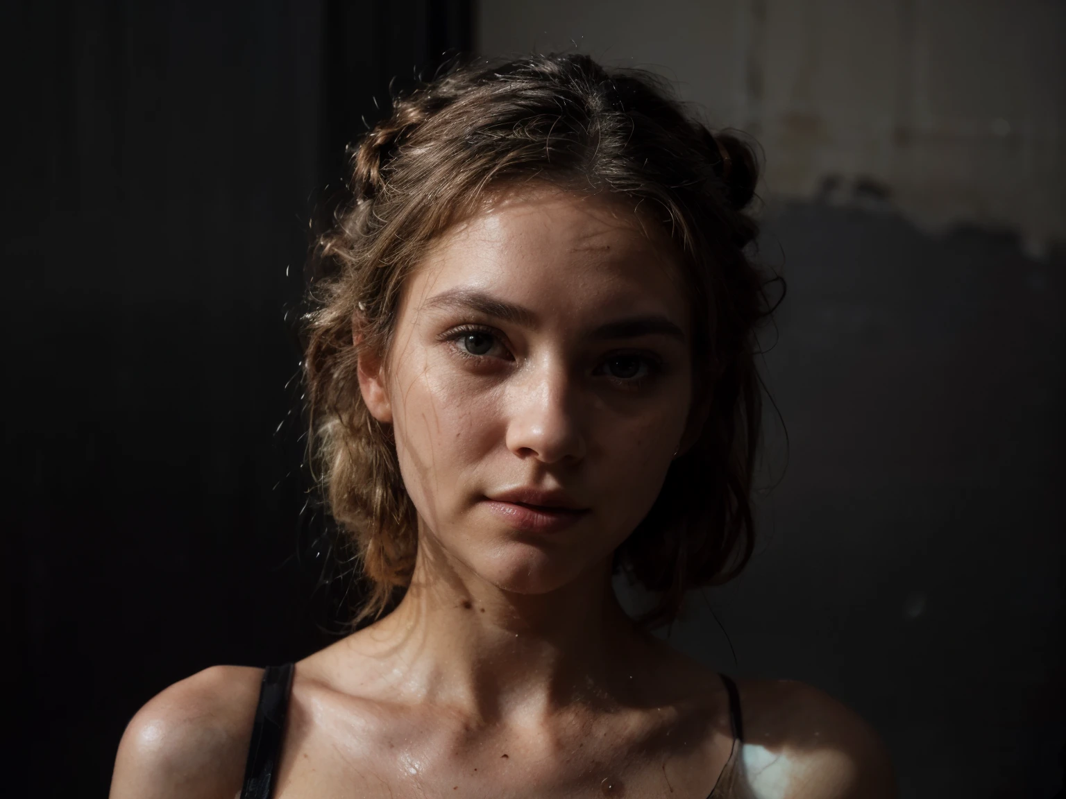 cctv footage of a large empty space, retro futurist liminal space, familiar place, 1 woman, ballet posed, hypnotic, (old dark room is filled with mystery), she's contemporary blond beauty, ((she's wearing pristine clean white satin dress with bare feet:0.5) interior , realistic photo, (58% of photo is black in drawing:1.4), (everything is grimy, dirt, soiled, except woman:0.9), (woman is only clean thing:1.4) , she is confused, (early sunrise light:1.1), (Rembrandt lighting:0.9) ,(relaxed intimate photoshoot), beautiful face, (her hair is blonde and worn updo, french twist,)slight smile, intense presence, (perfect posture:1.4), cozy relaxed, catching us, beautiful hands, kind eyes, gorgeous soft warm lighting:1.4,, incredible details, ((high contrast)), (deep, darkest shadows), (shadow details:1.0), ((taken using Leica camera, aperture: f/2.3)) , hyper-realistic skin, pores, scar, mole, (shack is gritty and dusty, she's clean and pretty), healthy skin,, her arms relaxed, relaxed moment, she's in dark with natural light glow, (romantic light:1.2), radiant skin, perfectly framed face, perfect relaxed hands, perfect fingers, (perfect portrait, incredible eyes:1.1), a work of art, beautiful composition, golden ratio, contrast, masculine and feminine, old and new, inspiring, (highest quality fabric texture), every detail,Fine facial features – (Highest Quality) ,Leica camera film, High quality ○○ detailed – ○○ details ultra detailed(Ultra-fine ), Photorealistic, Extremely detailed(Extremely detailed) , (highest detail image, lens flare, realistic)○○ res – ○○ resolution ultra high res(A high resolution),playful relaxed photos