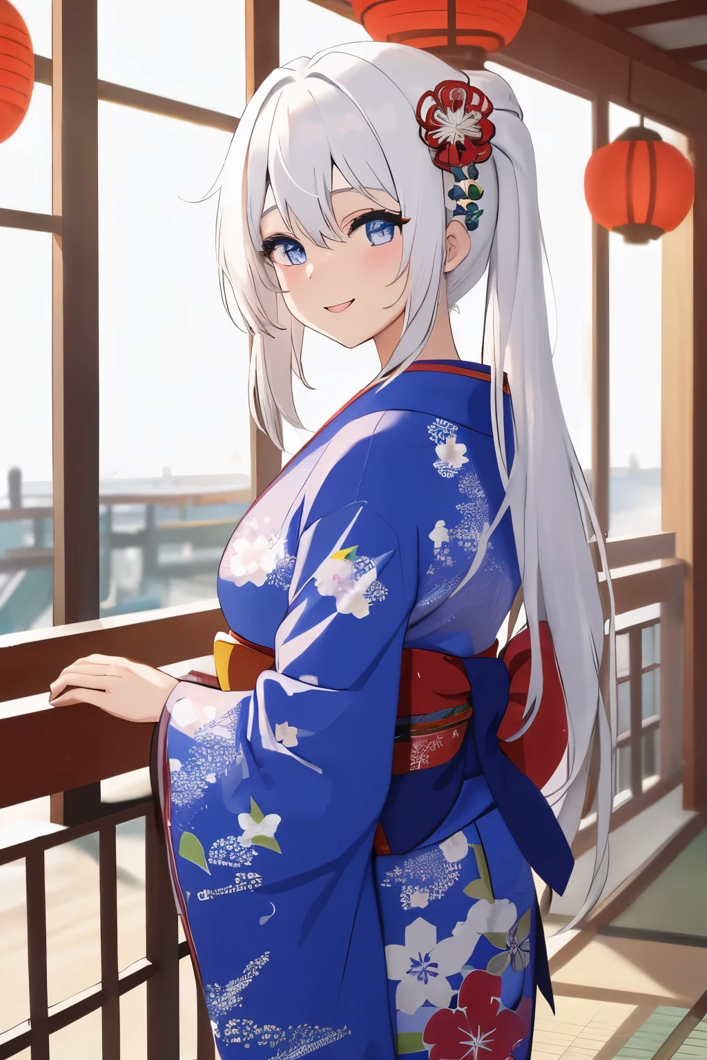 Chica anime, ((Masterpiece), top-quality, Top image quality, ((((solo)))), ((((white hair)))), long hair, Beautiful blue eyes, Shining eyes, dye one's cheeks red, smile, teens girl, 18yo, cute, {{{{floral printed kimono}}}}, wearing fusion kimono and yukata, surrounded by items representing the Japanese New Year, snow, 8k