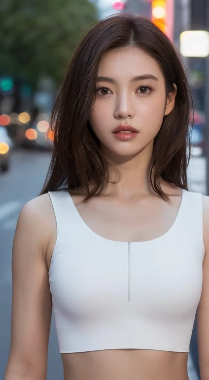 ((Realistic lighting, Best quality, 8K, Masterpiece: 1.3)), Clear focus: 1.2, 1girl, Perfect Figure: 1.4, Slim Abs: 1.1, ((Dark brown hair)), (White crop top: 1.4), (Outdoor, Night: 1.1), City streets, Super fine face, Fine eyes, Double eyelids,