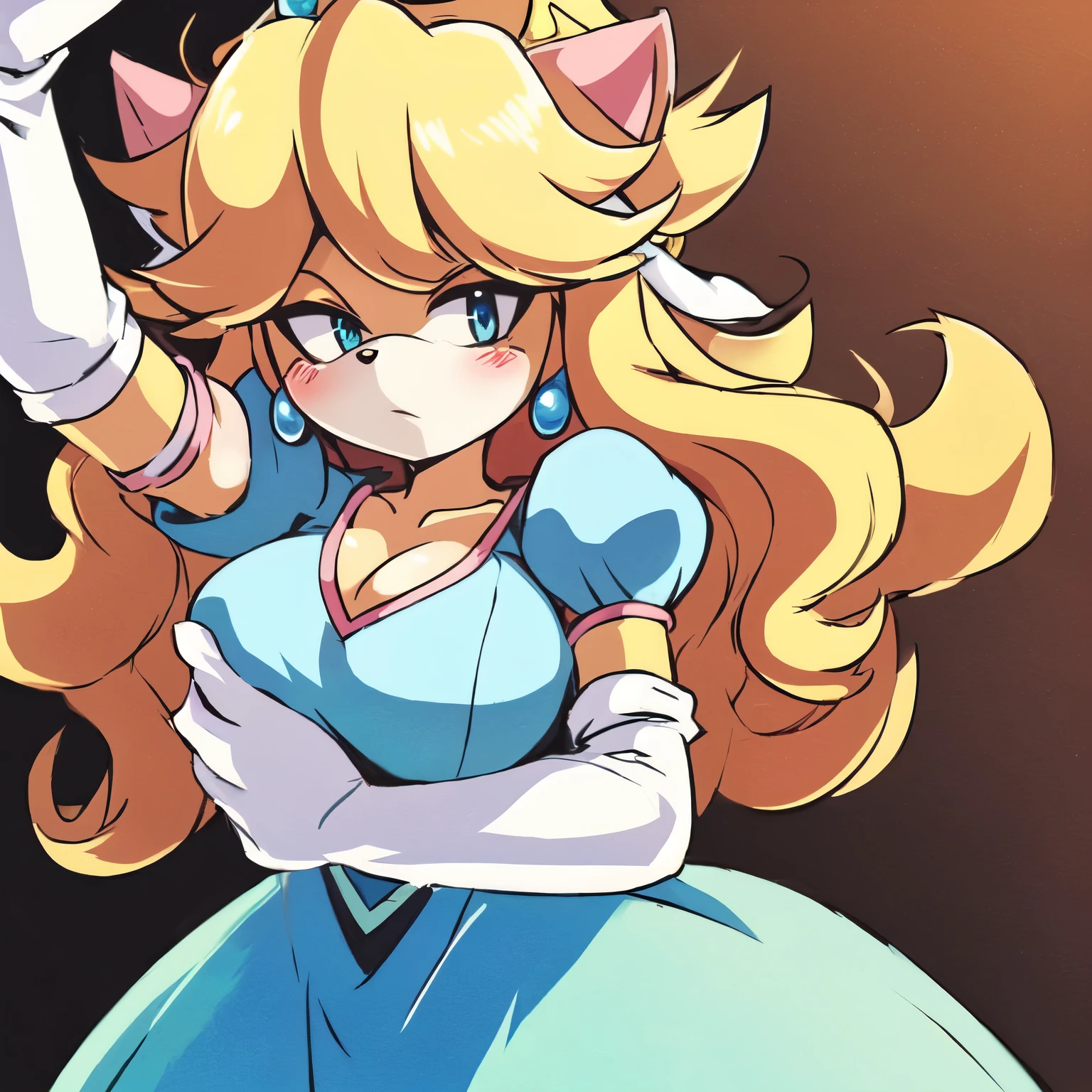 ((2D Anime Style)), female, mobian, hedgehog, princess peach outfit, (princess peach cosplay), pink dress, v arms, white gloves, blonde fur, long hair, 1girl, solo, blue eyes, elbow gloves, gloves, blush, puffy short sleeves, dress, short sleeves, puffy sleeves, blonde hair, large breasts, crossed arms holding up chest, (((2D Anime Style))), (solo), (1girl), high quality digital art, pink and black neon lines sketch art, (((long and wavy hair))), (large and long hair bangs), wispy lines