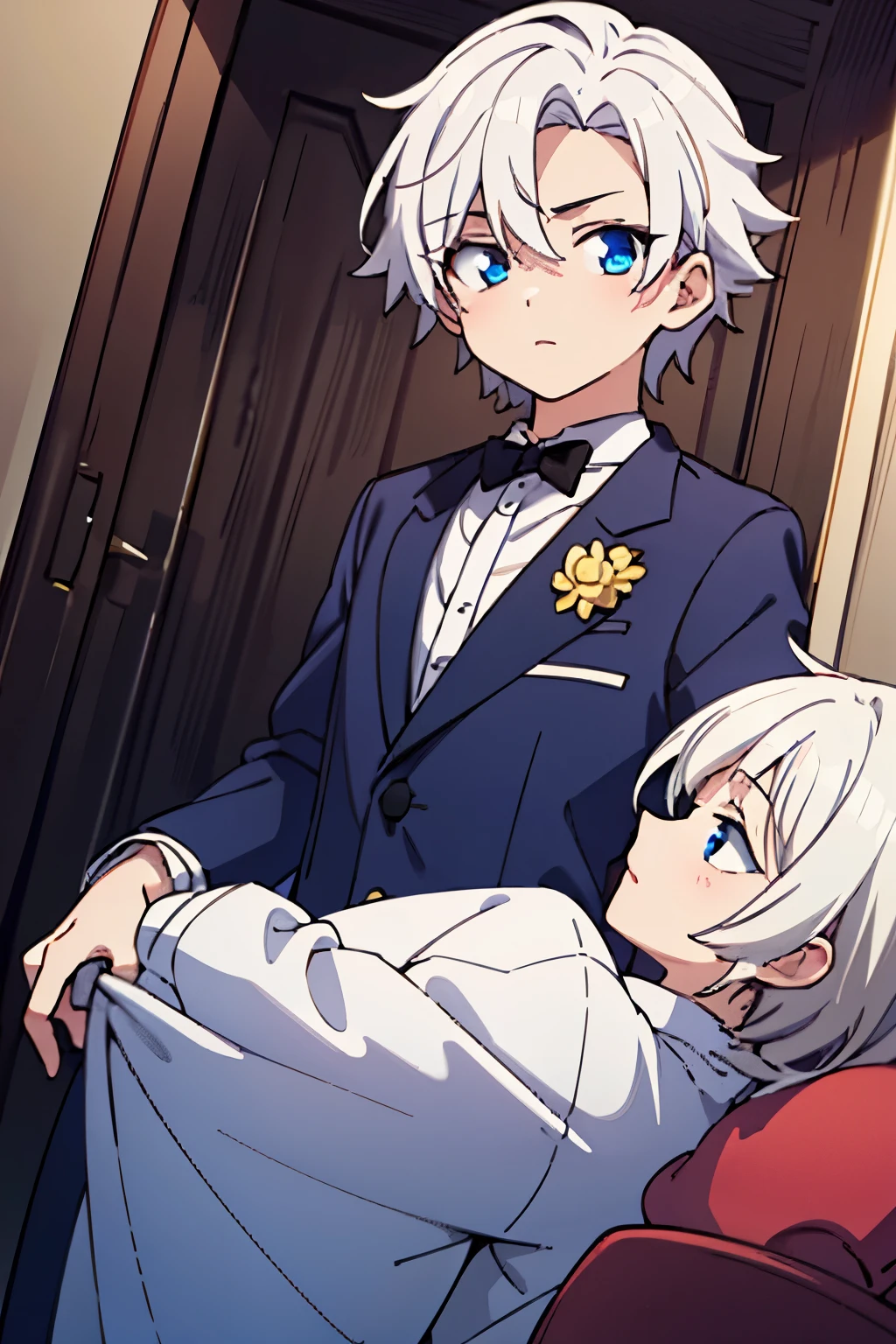 (A little boy), short white hair, wearing pajamas, by the big window, at night, thunder and rain