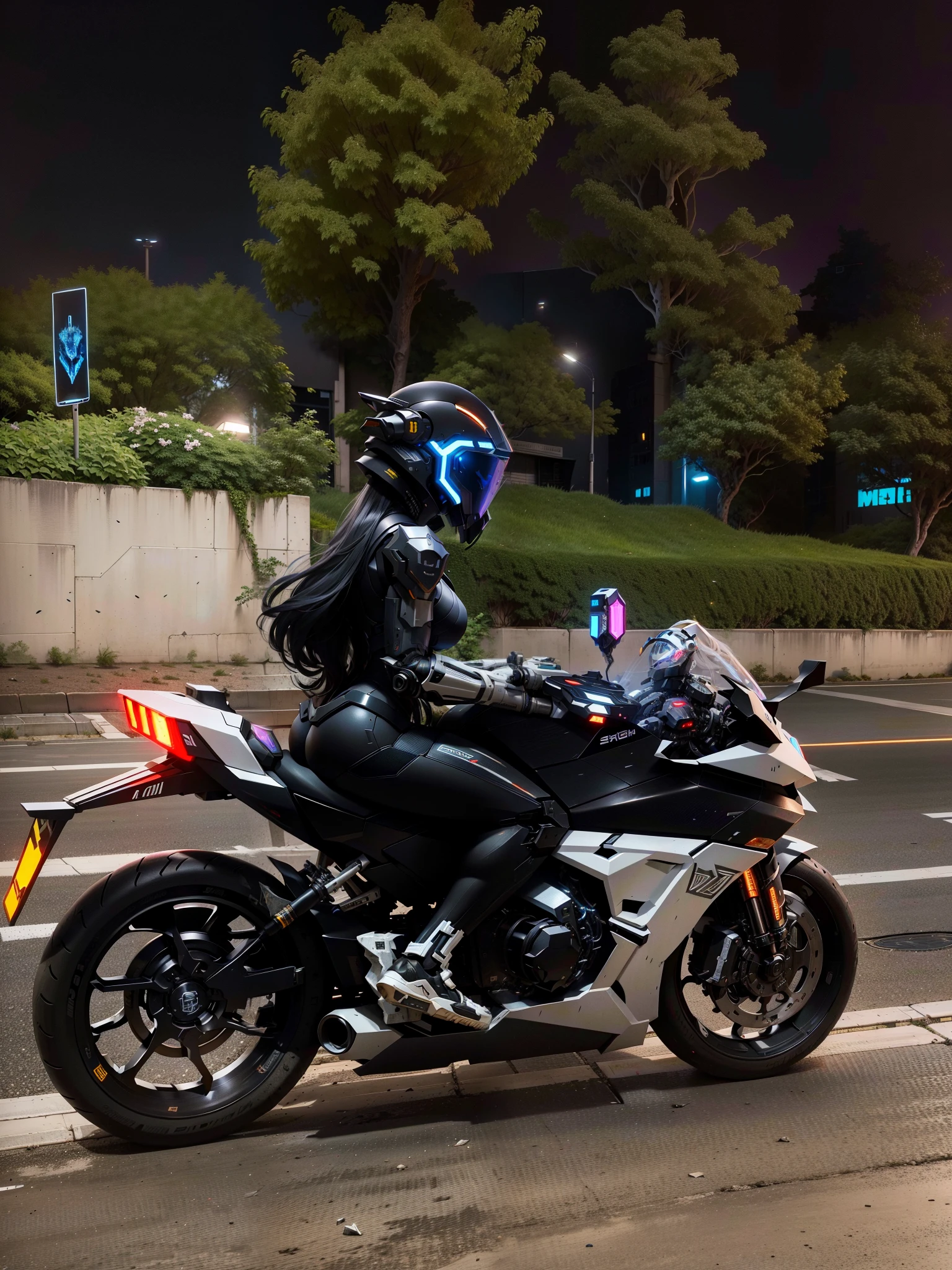 Sexy cyberpunk female knight,long white hair,Black mech costume,Black tech helmets,Noor, Biomechanicals, MSHN Robot Woman,High-tech helmet,hyper realisitc, steel, Complex design, Very detailed Very detailed, The lines are extremely clear, 电影灯光, Realphotos, A Detailed Masterpiece