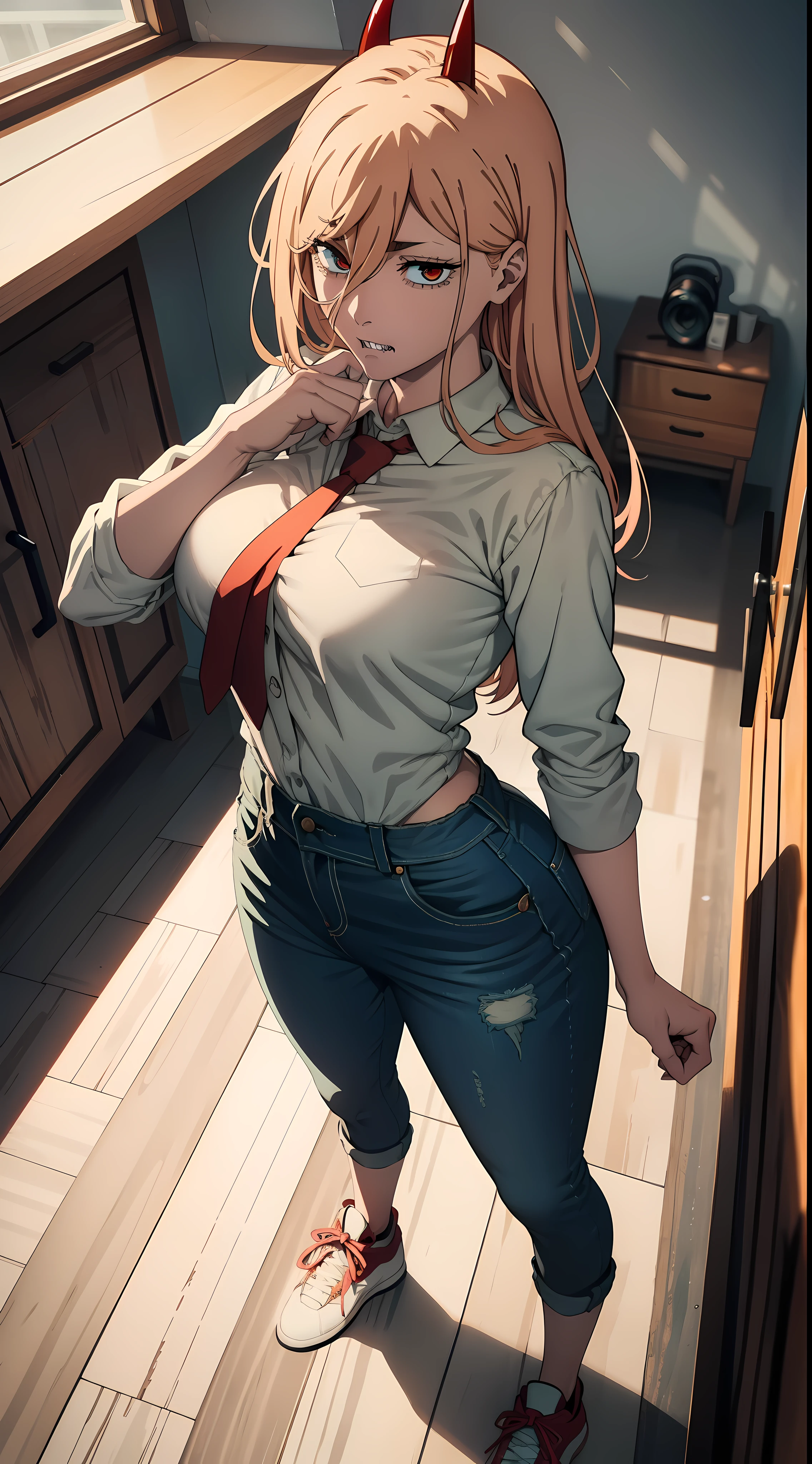 The camera looks down on her, lying on his back, Picture from above, overhead view, white shirt, red tie, tucked-up jeans, sneakers, Beautiful waist, You can see the whole figure, nice feet, Old, laughting, waist, buttocks, ultra sharp image, Beautiful figure, Beautiful little breasts, sexypose, sharp teeth, laughting, ultra detail face, Ultra Transparent, Chainsaw Man Energy, Two red sharp horns on the head, ultra sharp image, Ultra Beautiful, little chest. hairlong, blonde woman, Beautiful figure, taut clothes, red-eyes, Red crosses and circles instead of pupils, handsome body, sexy clothes, Beautiful eyes, very detailed eyes, Very detailed face, handsome body, Cherecter Desing, Very detailed, Detailed body, Detailed hands, Detailed, Vibrants, Detailed Face, sharp-focus, WLOP, artgerm, anime art, Vibrants, Detailed Face, Hugh Details, sharp-focus, Very drooping face, A detailed eye, super fine illustration, better shadow, finely detail, Beautiful detail