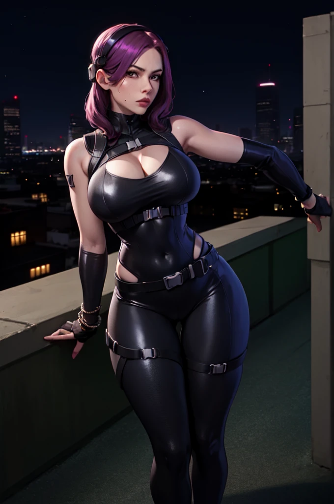 masterpiece, best quality, blkwidow, black bodysuit, cleavage, black belt, black gloves, large breasts, bracelet, cityscape, looking at viewer, night, rooftop, contrapposto, thighs