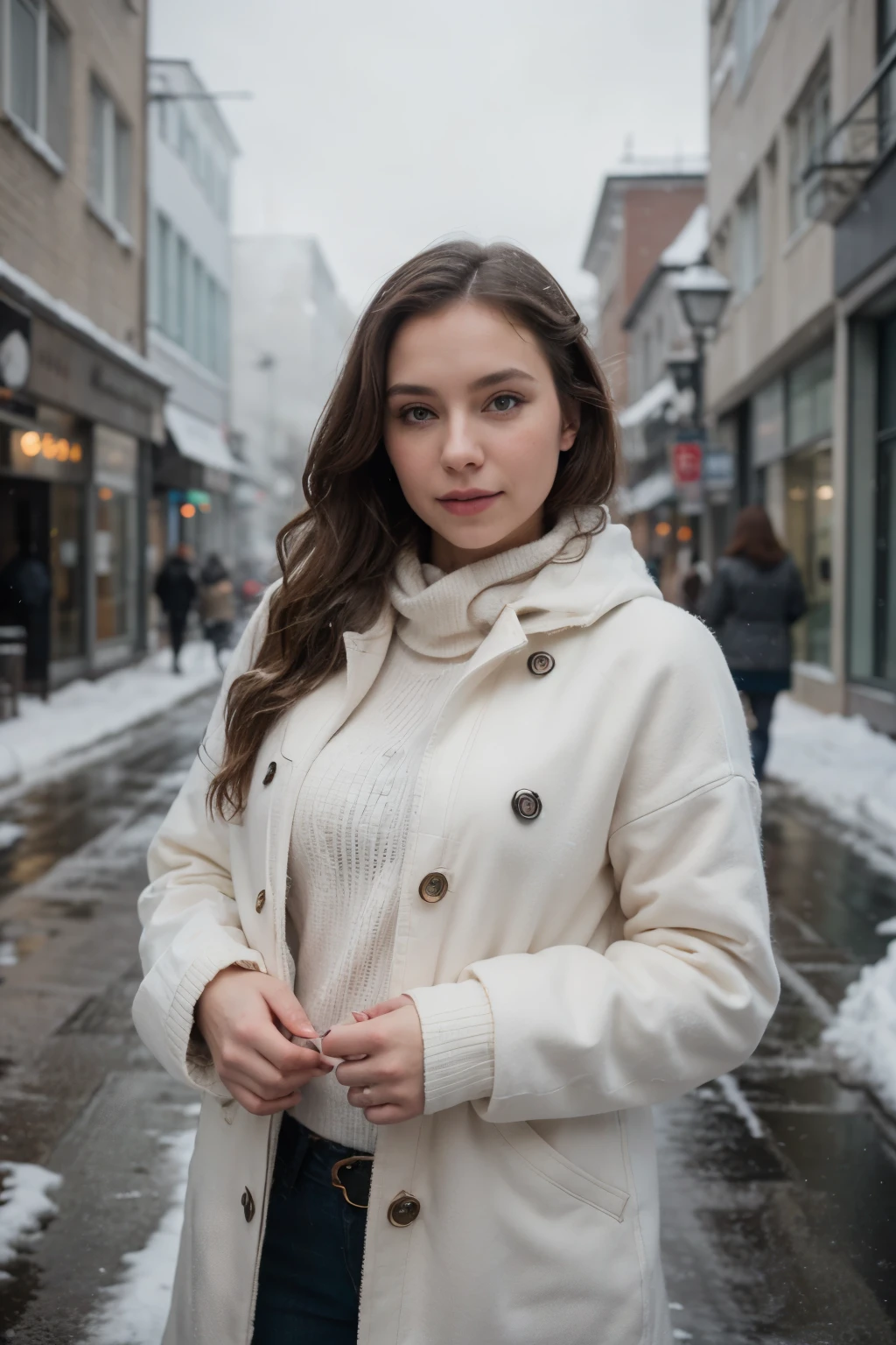 professional portrait photograph of a gorgeous Norwegian girl in winter clothing with long wavy blonde hair, sultry flirty look, gorgeous symmetrical face, cute natural makeup, wearing elegant warm winter fashion clothing, ((standing outside in snowy city street)), stunning modern urban environment, ultra realistic, concept art, elegant, highly detailed, intricate, sharp focus, depth of field, f/1. 8, 85mm, medium shot, mid shot, (((professionally color graded))), bright soft diffused light, (volumetric fog), trending on instagram, hdr 4k, 8k