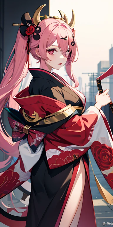 One girl, rose hair, eyepatch, pink eyes, painted lips, long colorful kimono with a large bow, geisha oiran, a lot of hair clips, Demon Slashing Blade Style