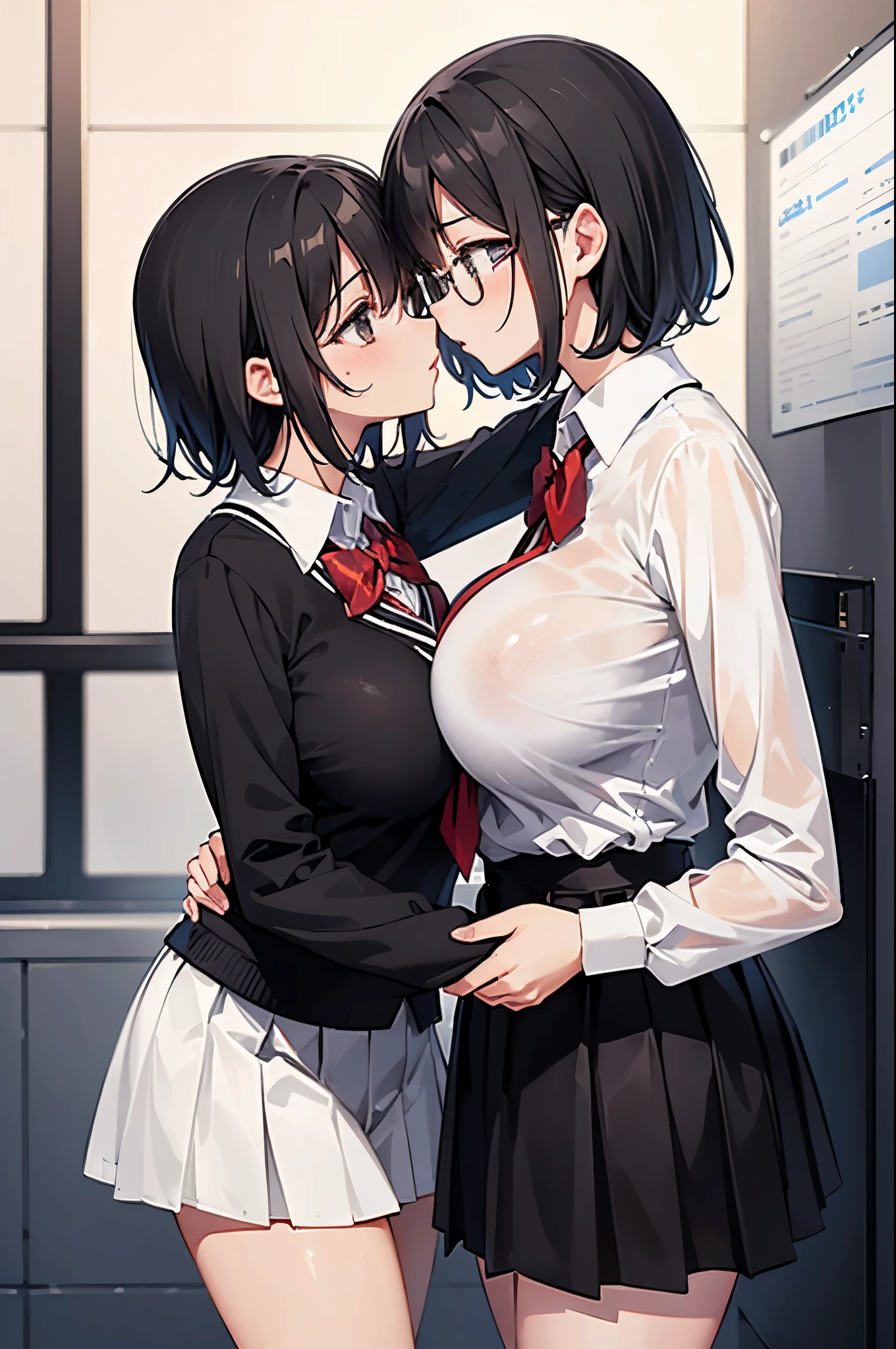 2 girls, kiss, glasses, blush, (slim body:1.2), (huge breasts:1.1), (slender legs:1.1), short hair, black hair, school uniform, white long sleeve shirt, pleated skirt, (black tights:1.1),