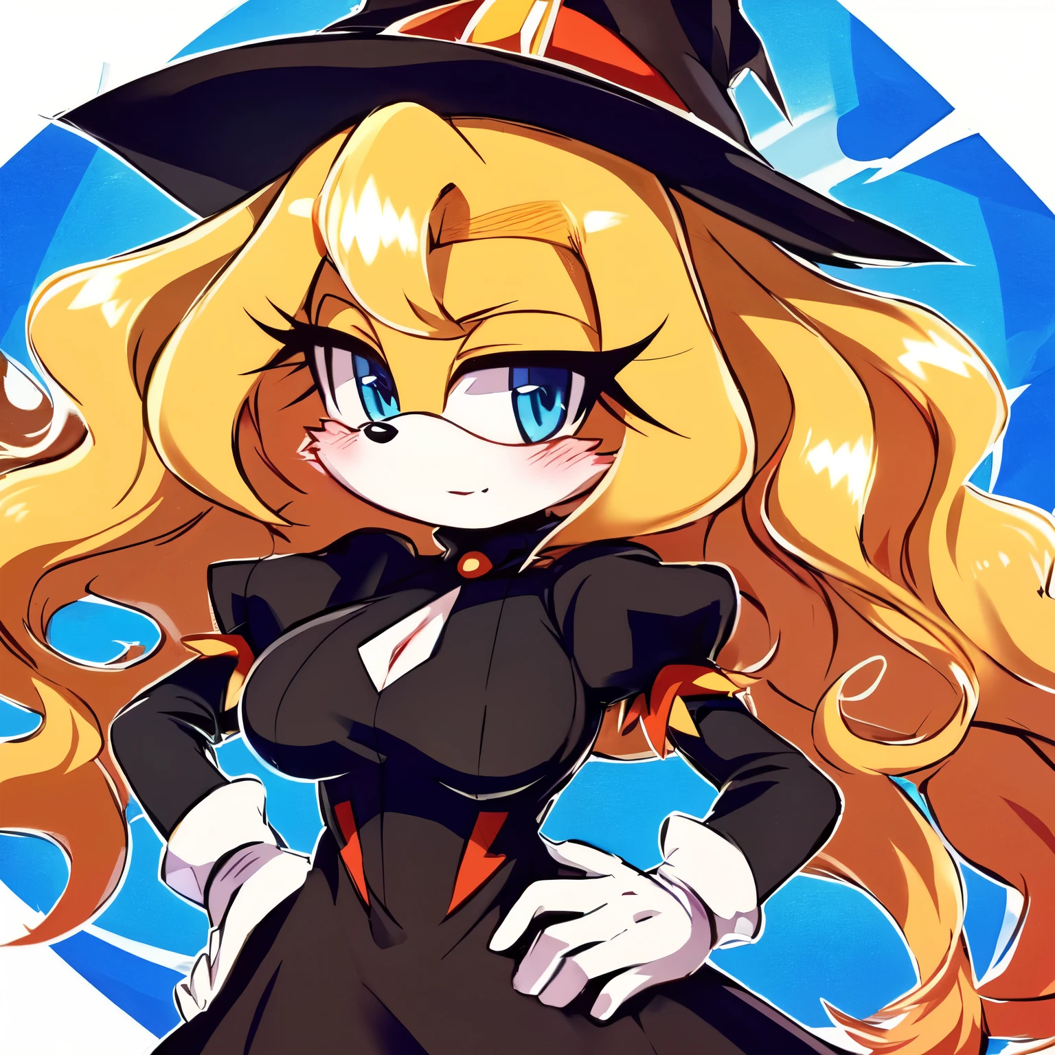 ((2D Anime Style)), female, mobian, hedgehog, witch like princess dress, v arms, white gloves, blonde fur, long hair, 1girl, solo, blue eyes, elbow gloves, gloves, blush, puffy short sleeves, turtleneck dress, puffy sleeves, blonde hair, large breasts, one hand on hip, (((2D Anime Style))), (solo), (1girl), high quality digital art, red and black neon lines sketch art, (((long and wavy hair))), (large and long hair bangs), wispy lines