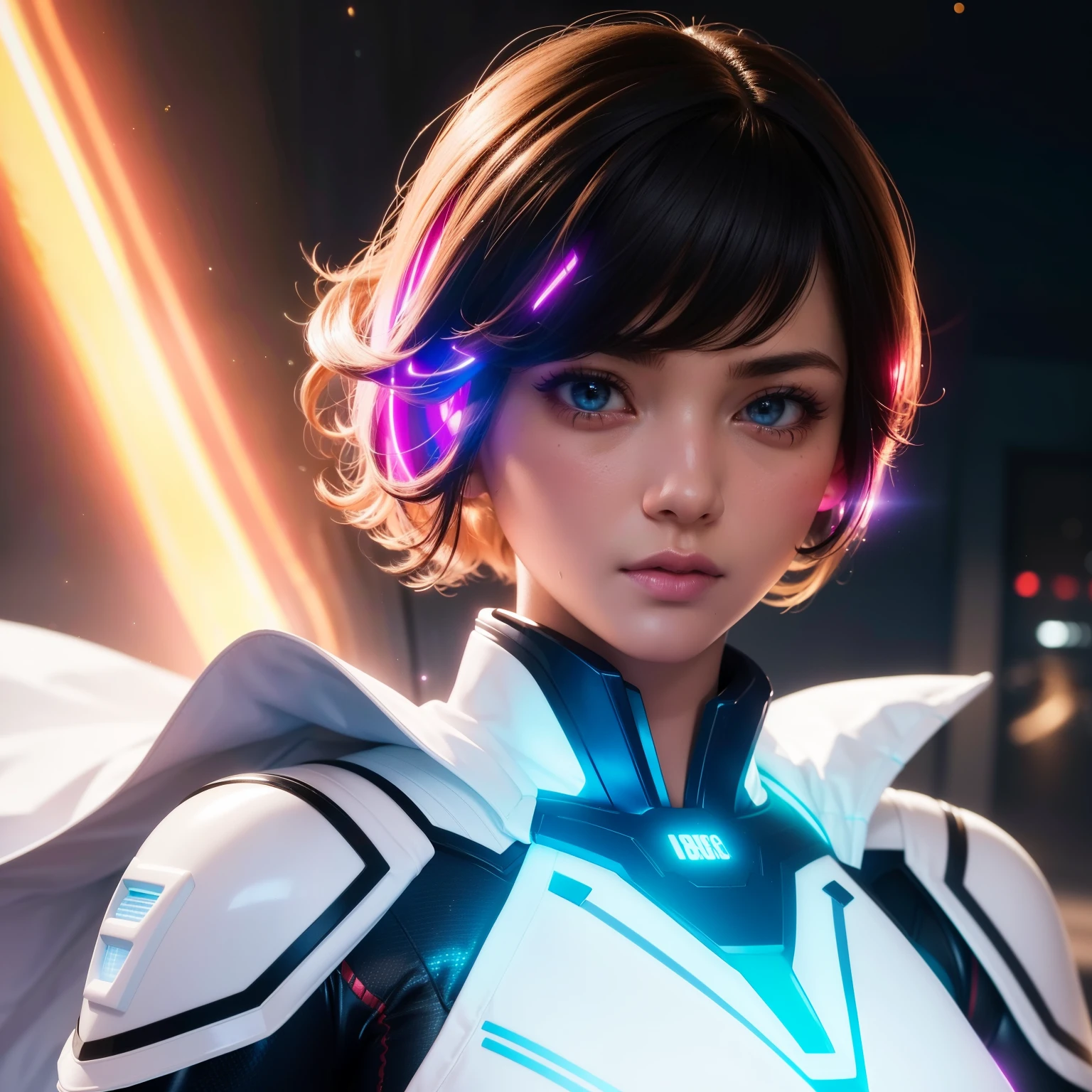 Bust to waist ((perfect face)) perfect skin, hyperrealistic masterpiece, Superheroine girl ((fringe glowing colorful)) in extremely complex & superdetailed tight plugsuit ((with white cape)), sharp focus, cinematic illumination: 8k, (((spacecore aesthetic style::1)))