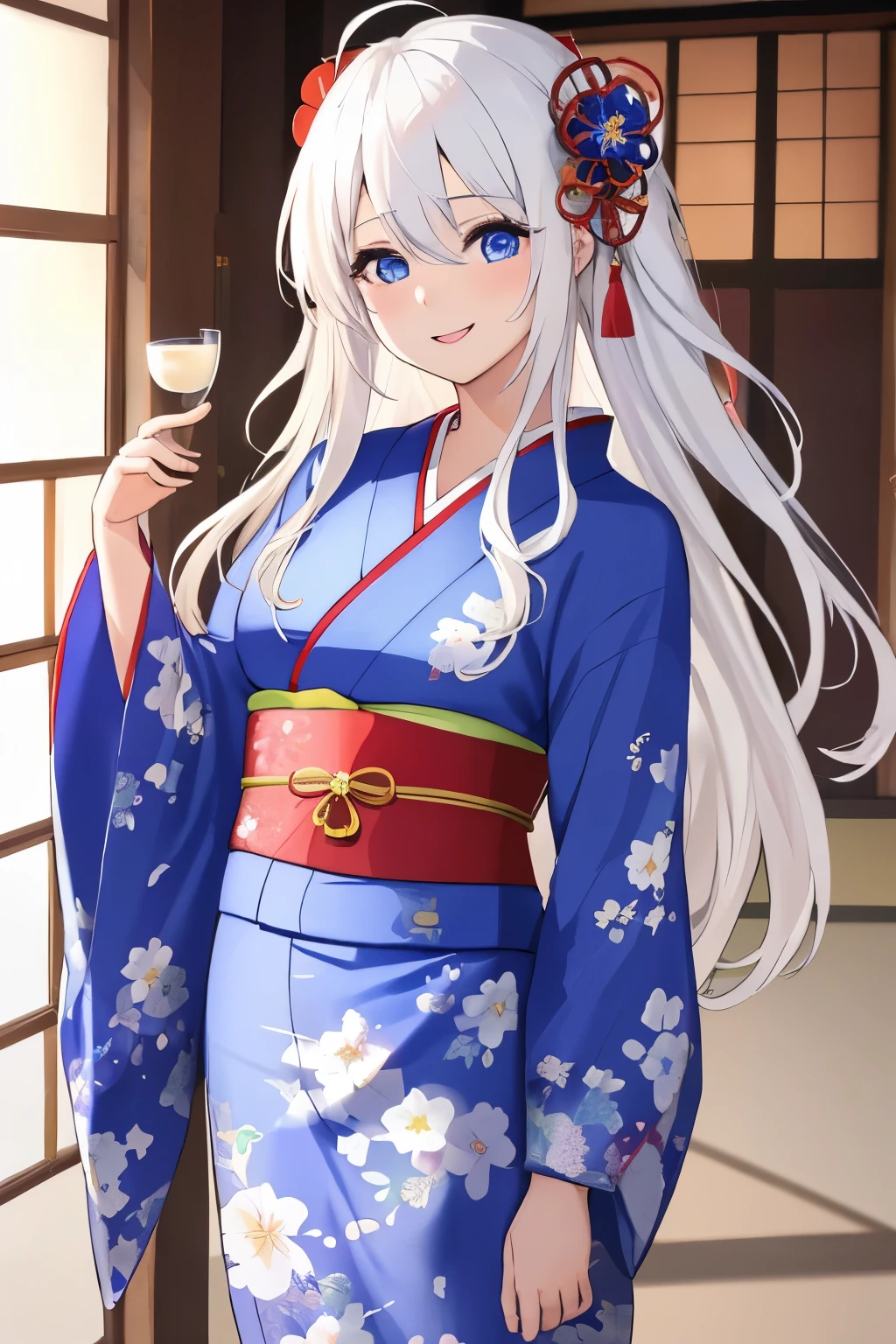 Chica anime, ((Masterpiece), top-quality, Top image quality, ((((solo)))), ((((white hair)))), long hair, Beautiful blue eyes, Shining eyes, dye one's cheeks red, smile, s girl, 18yo, cute, {{{{floral printed kimono}}}}, wearing fusion kimono and yukata, surrounded by items representing the Japanese New Year, snow, 8k