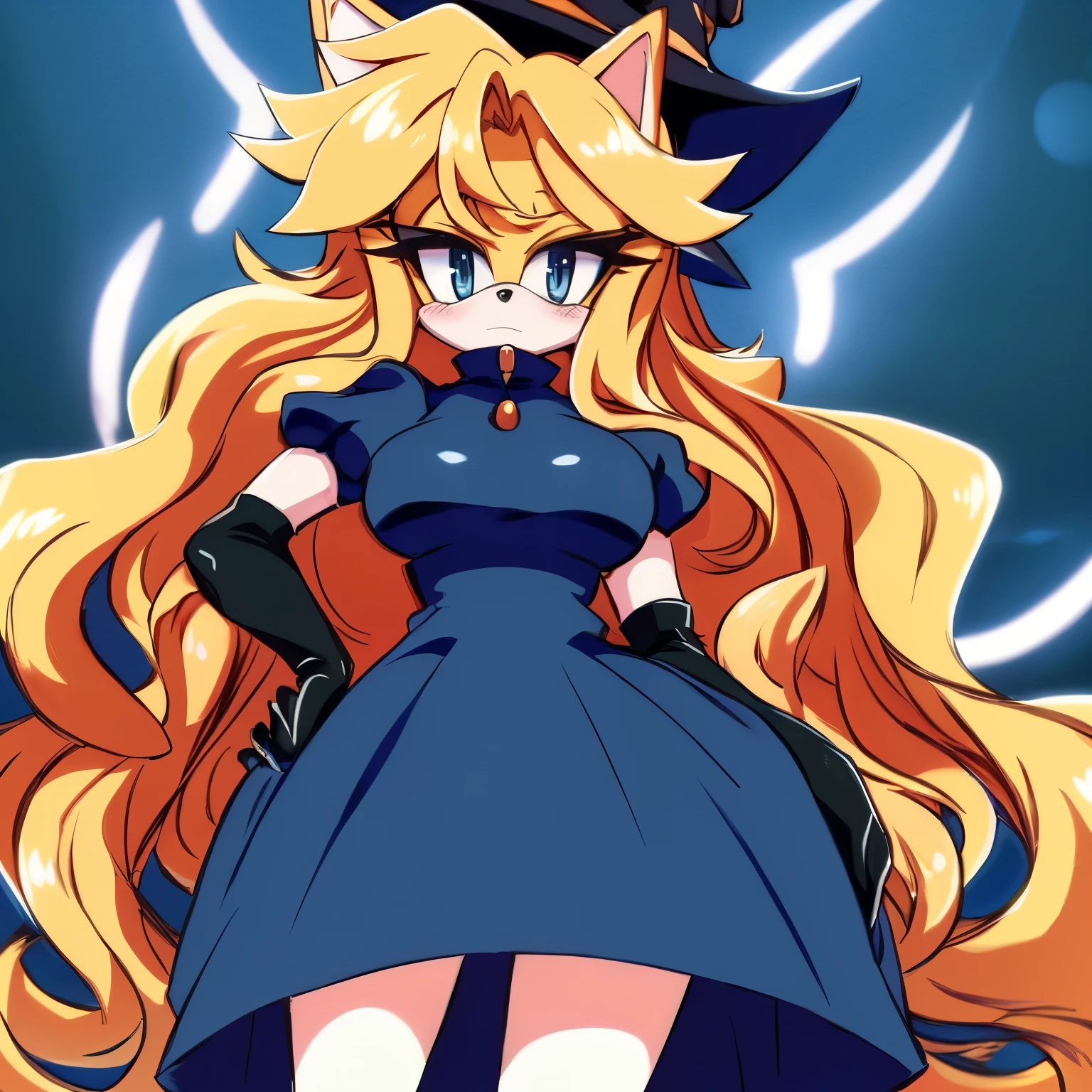 ((2D Anime Style)), female, mobian, hedgehog, witch like princess dress, v arms, white gloves, blonde fur, long hair, 1girl, solo, blue eyes, elbow gloves, gloves, blush, puffy short sleeves, turtleneck dress, puffy sleeves, blonde hair, large breasts, one hand on hip, (((2D Anime Style))), (solo), (1girl), high quality digital art, red and black neon lines sketch art, (((long and wavy hair))), (large and long hair bangs), wispy lines