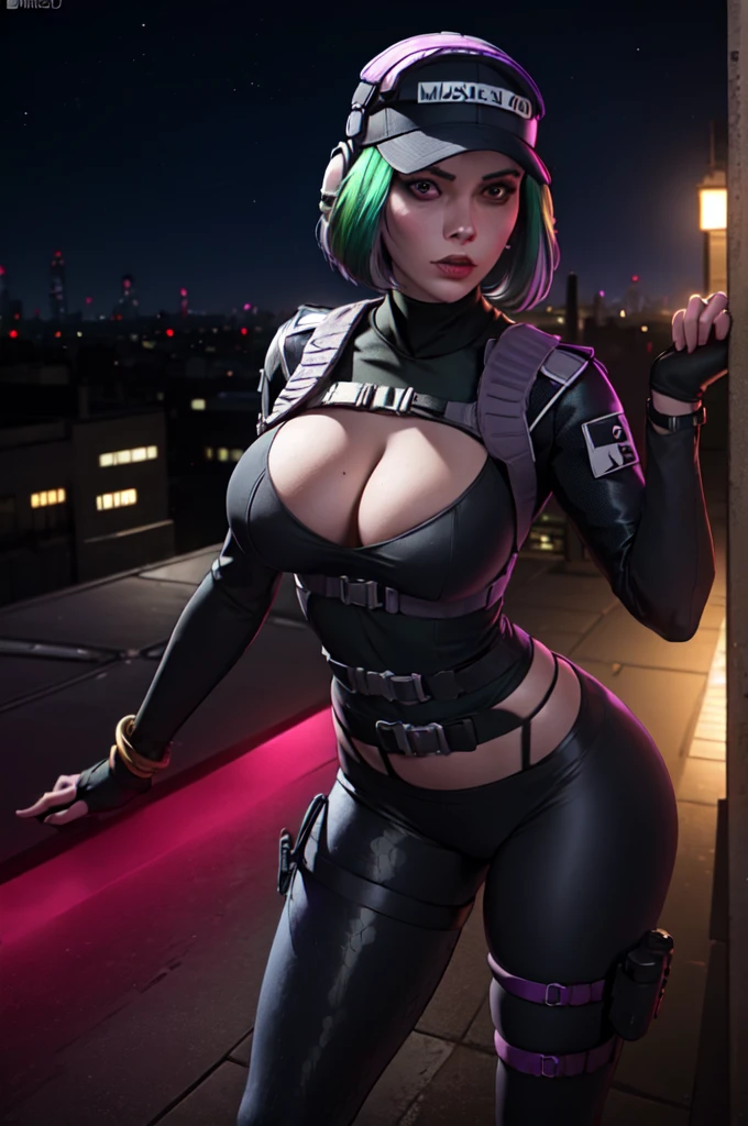 ela_(rainbow_six_siege), masterpiece, best quality,  blkwidow, black bodysuit, cleavage, black belt, black gloves, large breasts, bracelet, cityscape, looking at viewer, night, rooftop, contrapposto, thighs