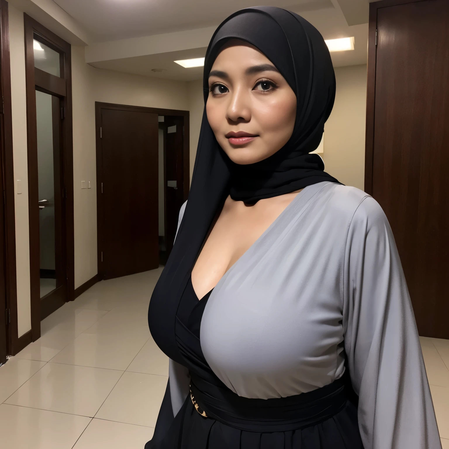 52 years Old, Hijab Indonesian mature woman, Extra Large Tits : 96.9, Gamis, Slim body, Breast about To burst out, at doctor office, Dark light, at Nighttime