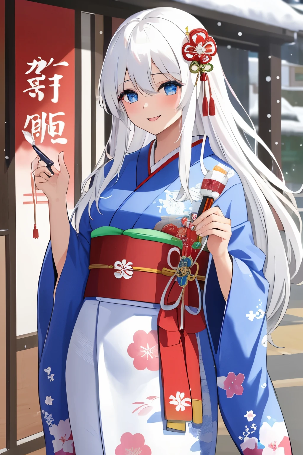 Chica anime, ((Masterpiece), top-quality, Top image quality, ((((solo)))), ((((white hair)))), long hair, Beautiful blue eyes, Shining eyes, dye one's cheeks red, smile, teens girl, 18yo, cute, {{{{floral printed kimono}}}}, wearing fusion kimono and yukata, surrounded by items representing the Japanese New Year, snow, 8k