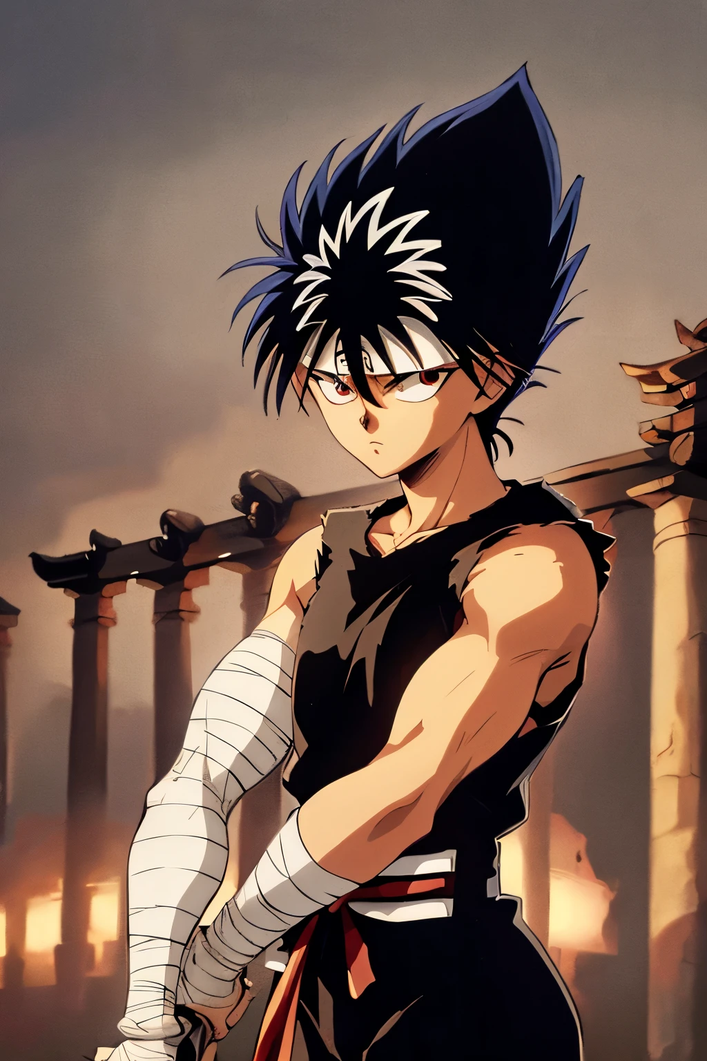 masterpiece, best quality, 1boy, hiei, black hair, white hair, spiked hair, red eyes, headband, bandages, upper body, sleeveless, torn clothes, solo, katana sword , ((ancient temple background)),