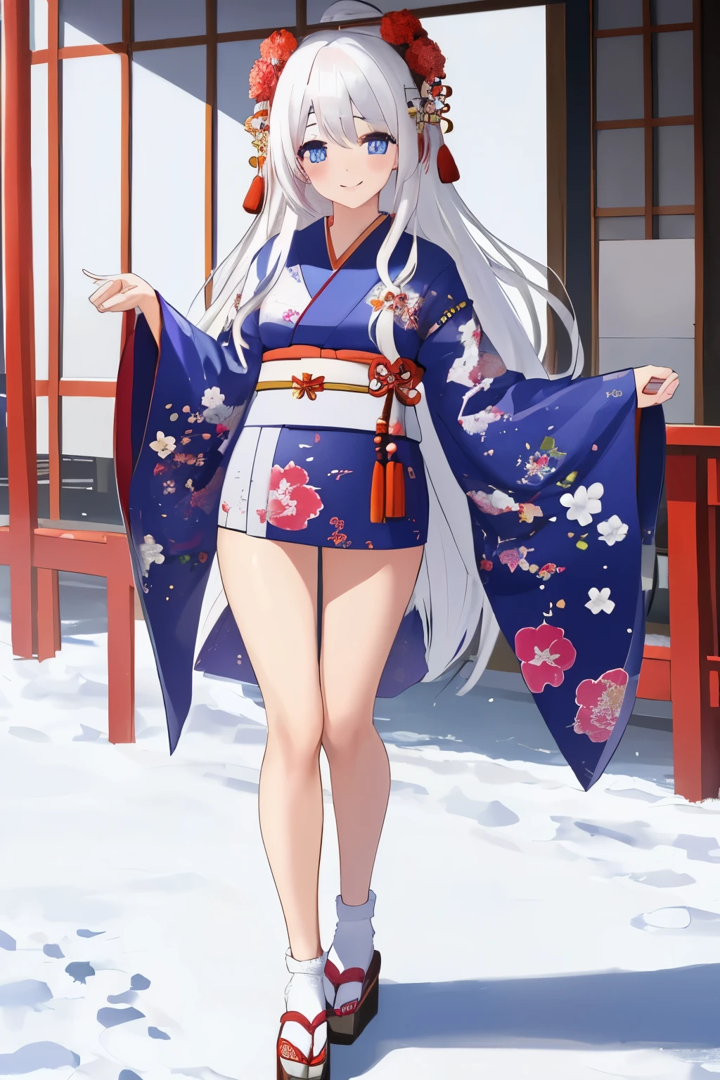 Chica anime, ((Masterpiece), top-quality, Top image quality, ((((solo)))), ((((white hair)))), long hair, Beautiful blue eyes, Shining eyes, dye one's cheeks red, smile, teens girl, 18yo, cute, {{{{floral printed kimono}}}}, wearing fusion kimono and yukata, surrounded by items representing the Japanese New Year, snow, 8k