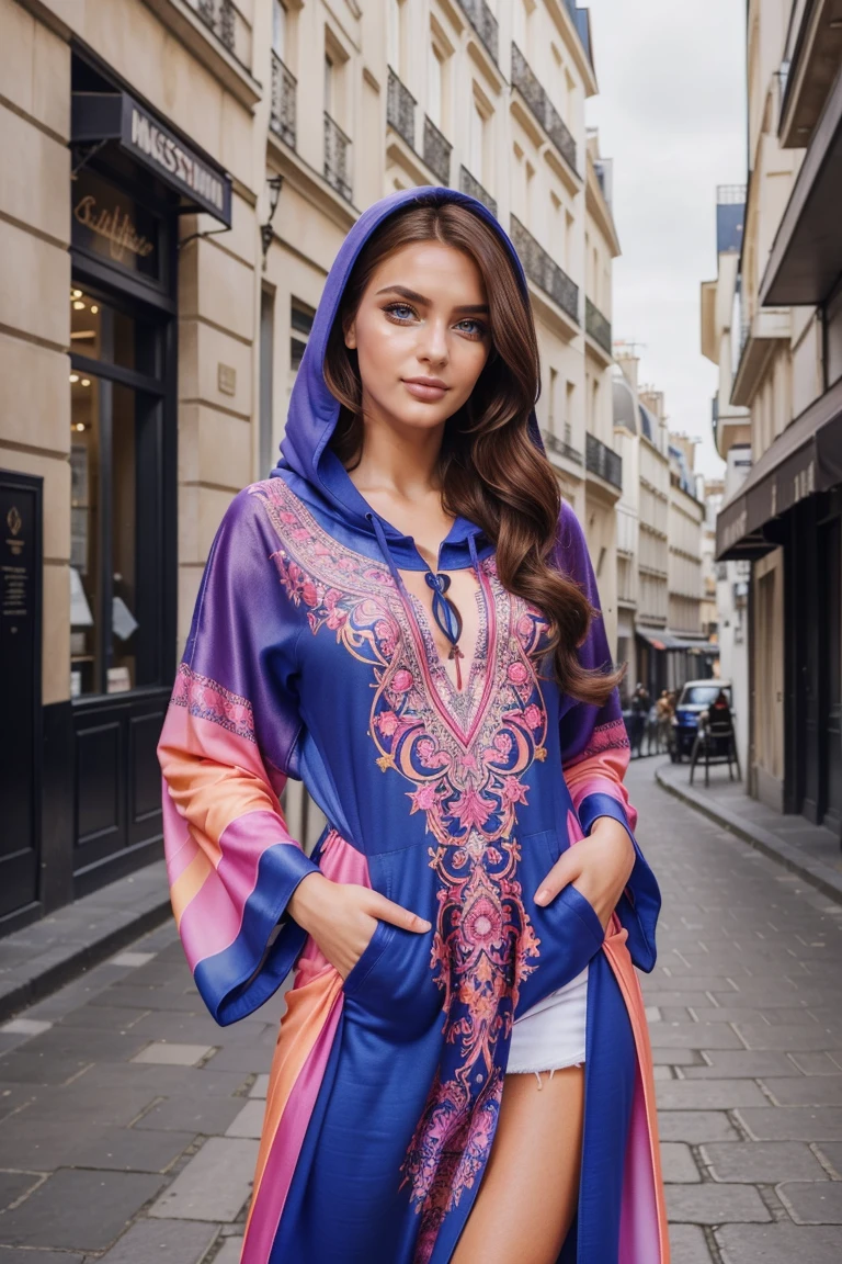 Instagram-Models posieren in Paris, in colorful futuristic kaftan hoodie, full entire body, beautiful detailed eyes, beautifully detailed lips, extremely detailed eyes and face, kurzes, welliges rosa Haar ((best qulaity)), ((Meisterwerk)), (detailliert), perfektes Gesicht, full entire body