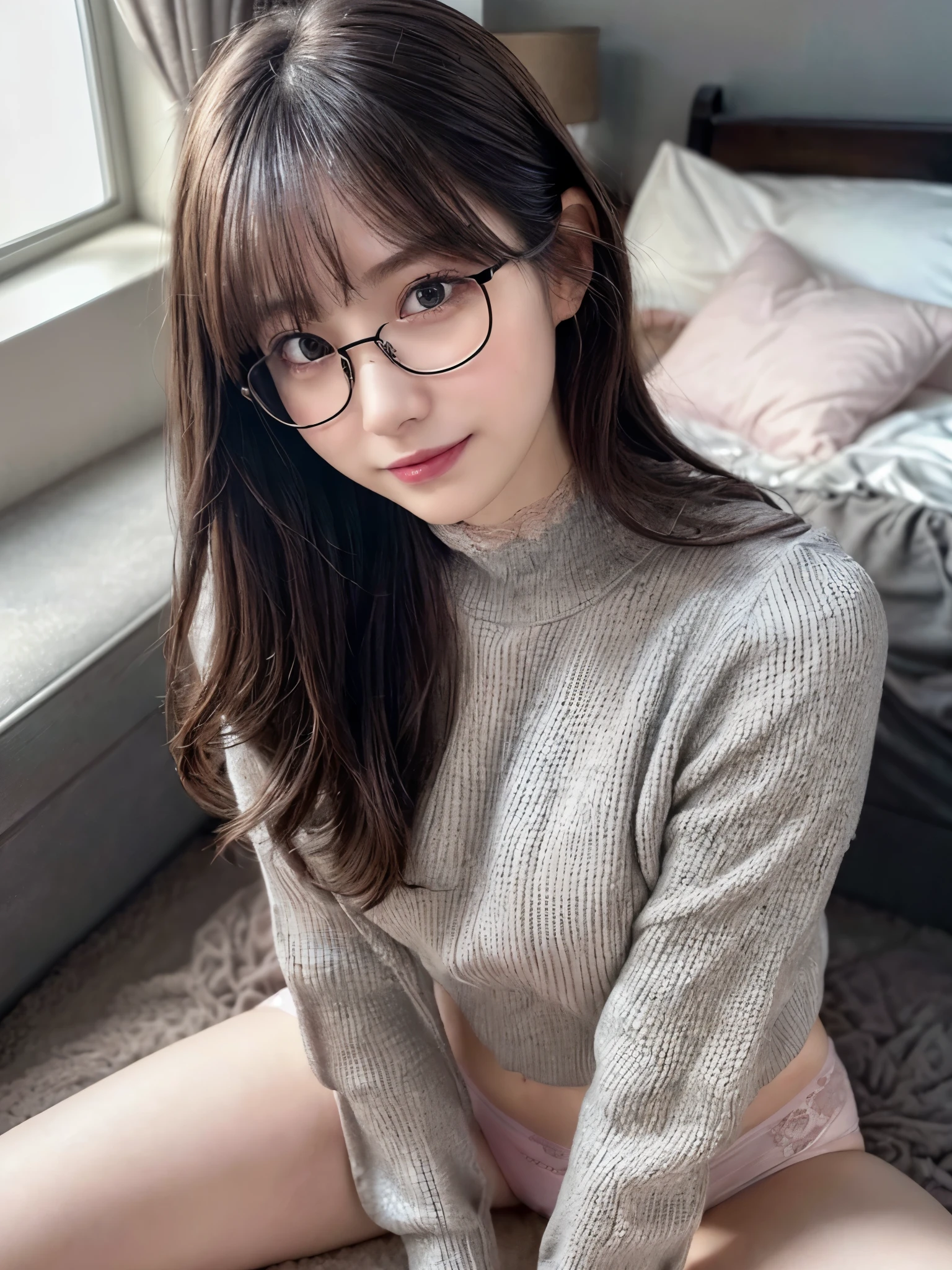 (8k, RAW photo, best quality, masterpiece, ultra detailed, beautiful:1.2), (realistic, photo-realistic:1.5), sharp focus, SIGMA 85mm f/1.4., depth of field, blur background, bokeh, cinematic, soft light,

extremely cute 1 Japanese actress with glasses, wearing cute metal frame glasses, (deep black hair), 18 years old, (detailed pale skin, porcelain skin:1.2), detailed beautiful face, detailed brown eyes, seductive naughty smile, looking at viewer, (leaning forward, wariza, spread legs: 1.3), (solid gray long sleeve cotton sweat shirt: 1.2), ((cute pink detailed lace panties, sexy pose, bare legs)), cozy modern room, fluffy carpet