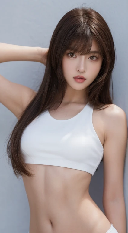 ((Realistic lighting, Best quality, 8K, Masterpiece: 1.3)), Clear focus: 1.2, 1girl, Perfect Figure: 1.4, Slim Abs: 1.1, ((Dark brown hair)), (White crop top: 1.4), (Outdoor, Night: 1.1), City streets, Super fine face, Fine eyes, Double eyelids, ( long hair bangs:1.4)