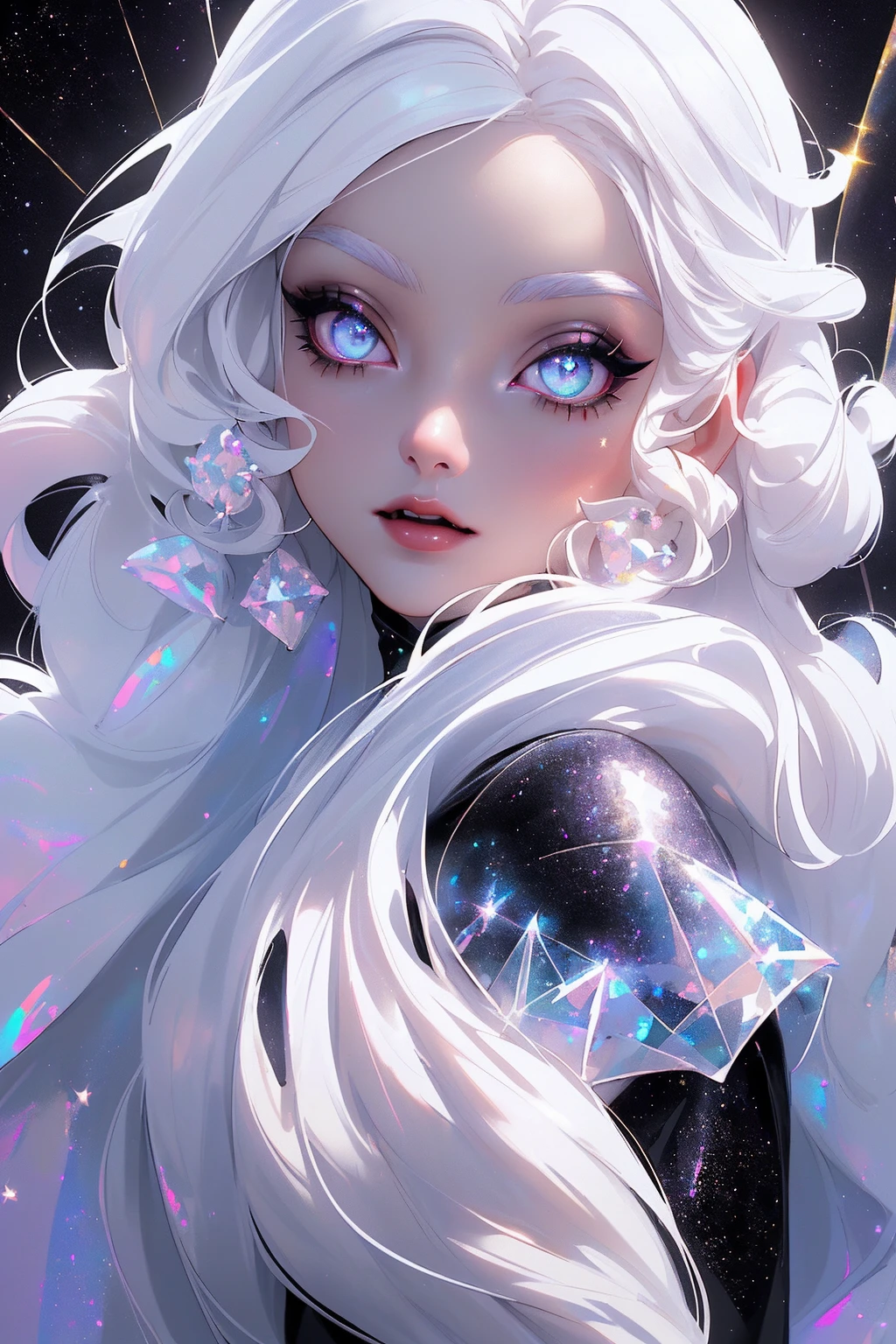 {-erro_de_anatomia:1.0} masterpiece, highest quality, (perfect face:1.1, (high detail)1.1, sweet Alien vampire , long soft white hair, opal eyes, perfectly drawn face, black dress, stars detailed background, prismatic lighting, glitter, whole body, walking on the stars