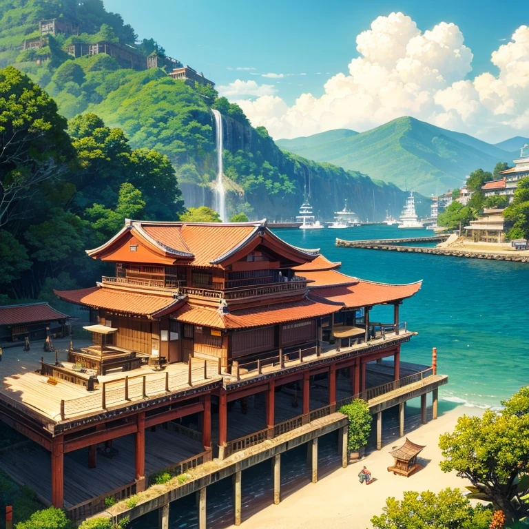 Massive Ancient Japanese port city on a beach with multiple wooden ships