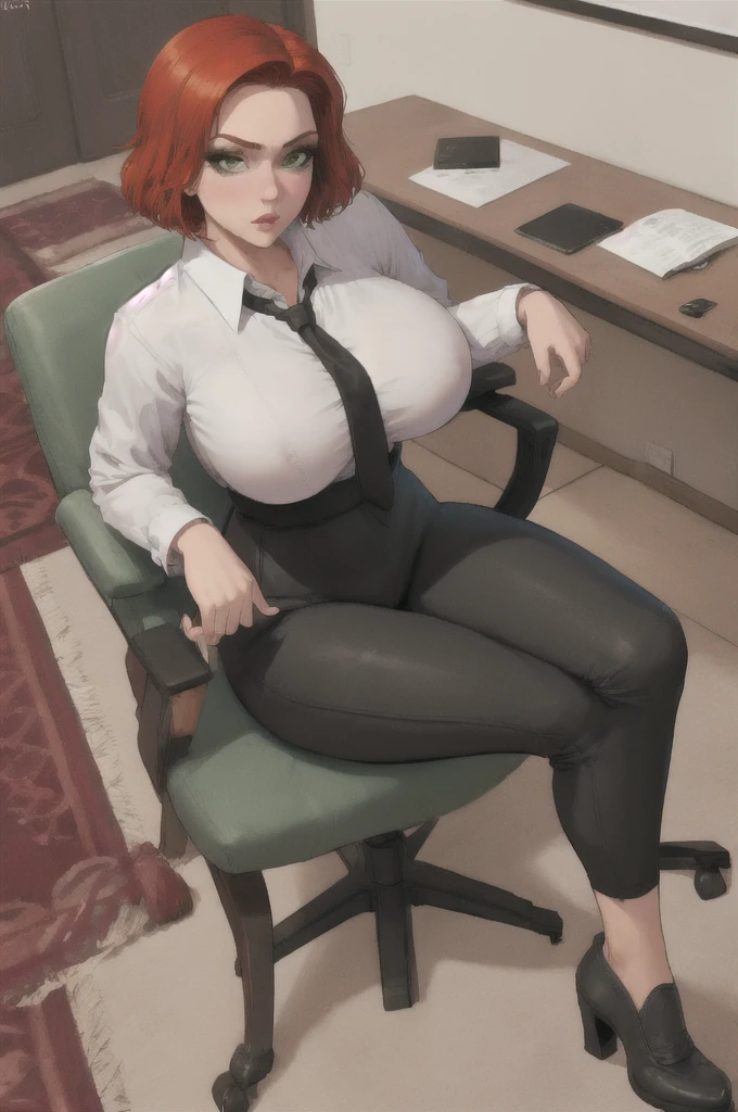 masterpiece, best quality, blkwidow, black necktie, white shirt, collared shirt, black pants, large breasts, sitting, from above, chair, mansion, white background, nigh heels