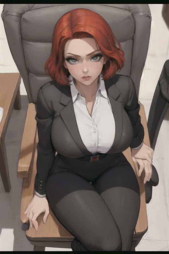 masterpiece, best quality,  blkwidow, black necktie, white shirt, collared shirt, black pants, large breasts, sitting, from above, chair, mansion, white background, nigh heels