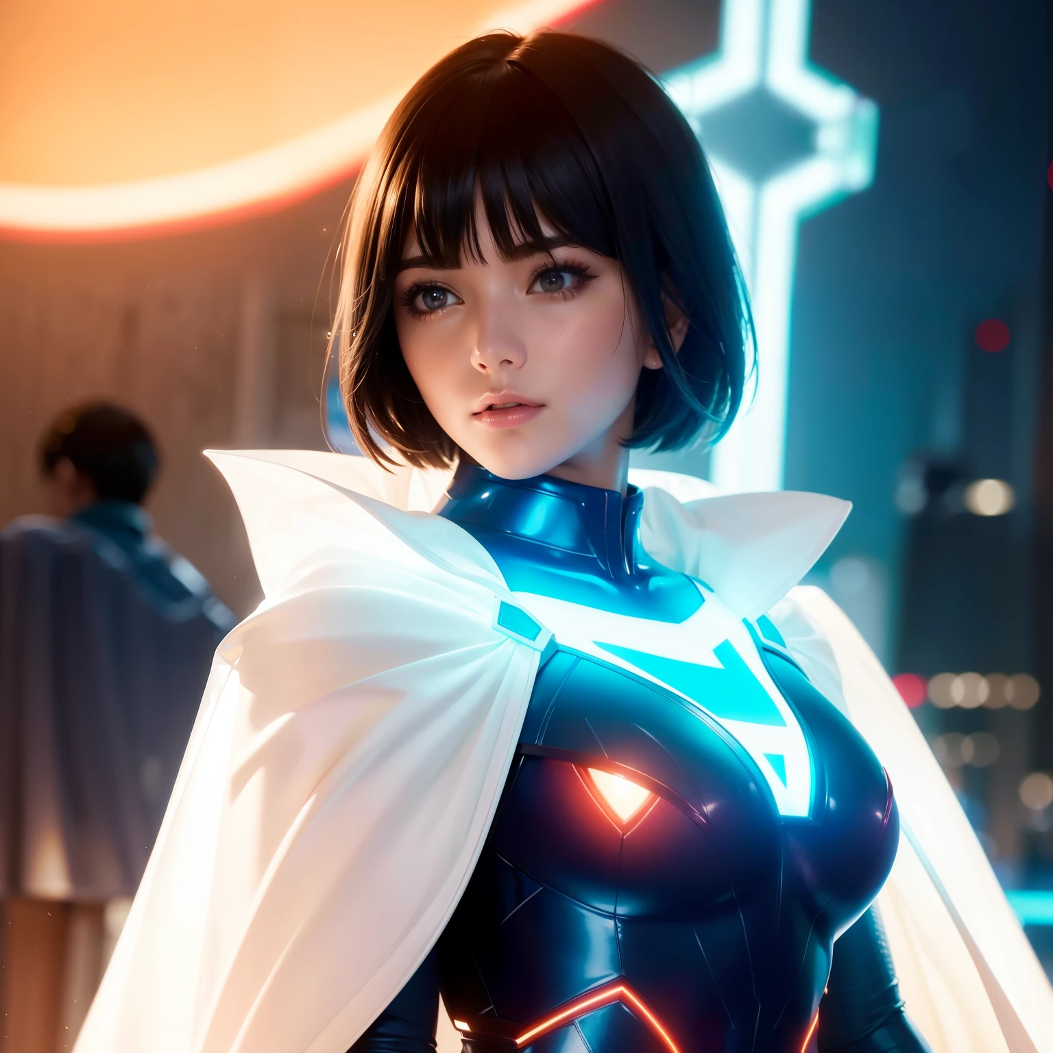 Bust to waist ((perfect face)) perfect skin, hyperrealistic masterpiece, Superheroine woman ((fringe glowing colorful)) in extremely complex & superdetailed tight plugsuit ((with white cape)), sharp focus, cinematic illumination: 8k, (((ominiouscore aesthetic style::1)))