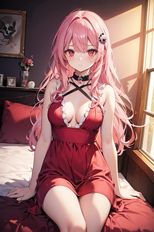 1girl, 18 years old, long pink hair, red eyes, red short nightgown, princess death, skull hair clip, boobs, drawing a skull, in bedroom.