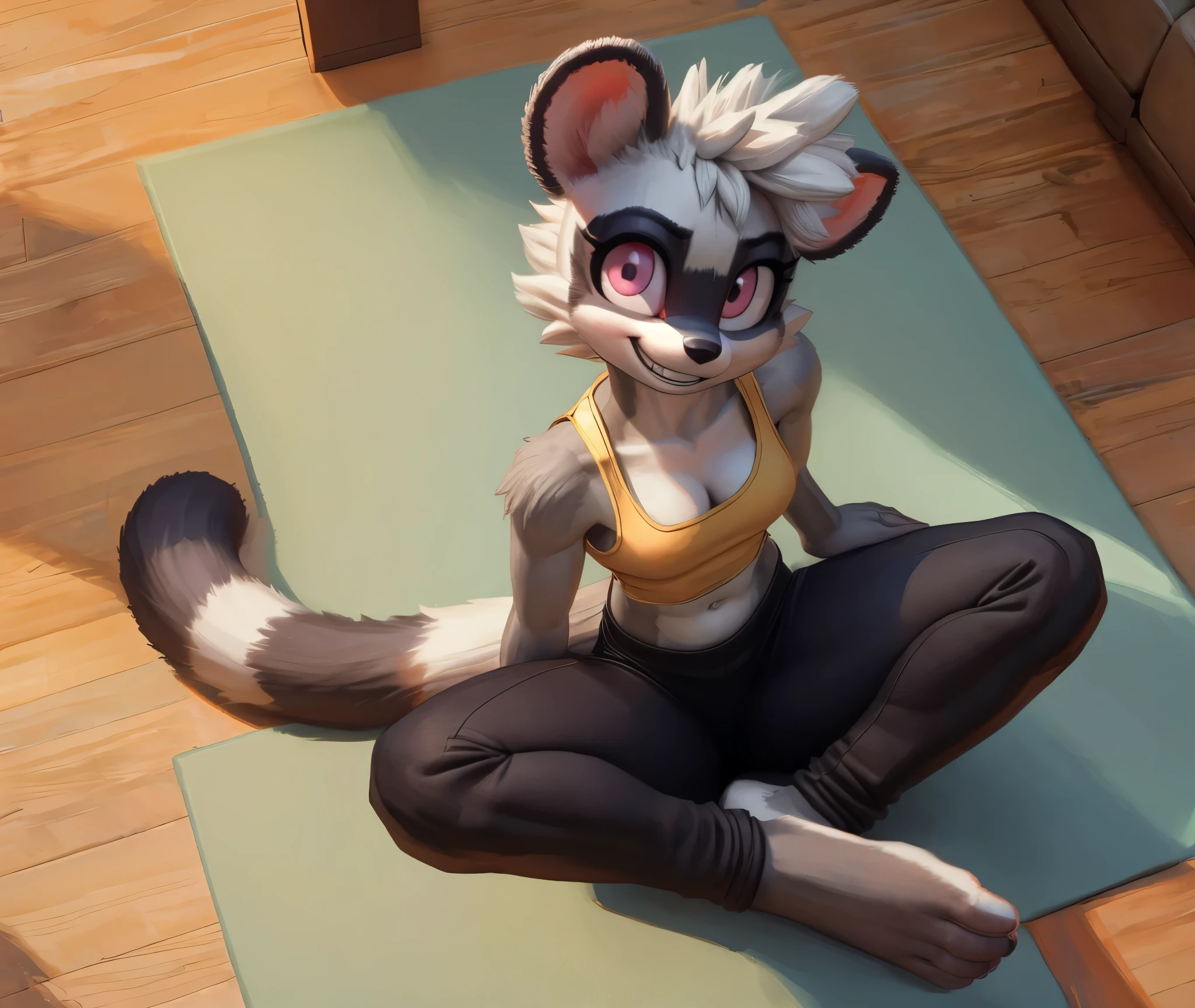 [tangle the lemur], [sonic the hedgehog], [Uploaded to e621.net; (Pixelsketcher), (wamudraws), (napalm_express)], ((masterpiece)), ((HD)), ((solo portrait)), ((bird's-eye view)), ((full body)), ((feet visible)), ((detailed fur)), ((detailed shading)), ((cel shading)), ((beautiful render art)), ((intricate details)), {anthro, (slim figure), (grey fur), black nose, animal ears, cute pink eyes, short eyelashes, short hair, hair bang, (long lemur tail), (curvy hips), (beautiful legs), (beautiful feet), (excited grin)}, {(yellow tank top), (cleavage), (navel), (black yoga pants)}, {(sitting on floor), (on yoga mat), (crossed legs), (legs spread open), (looking at viewer)}, [background; (living room), (blue sky), (sun rays), (ambient lighting)]
