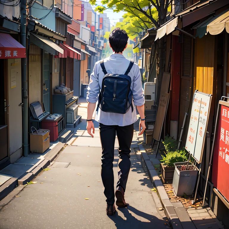 Morning in the city、The morning sun is shining、Poplar tree avenue、man has a bag、posterior view、Faraway view