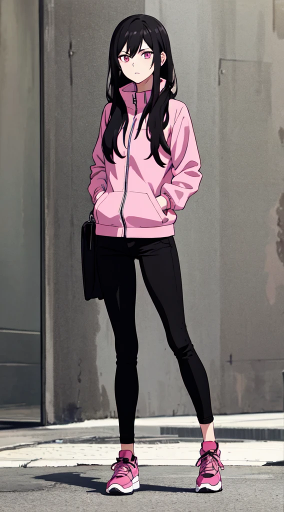 1girl, female, fit, long jet black hair, medium ass, medium breast, pink eyes, full body, wear jacket black, pink jacket, long black jeans, daytime in the city, HD, 4k, Best Quality, pink shoes,