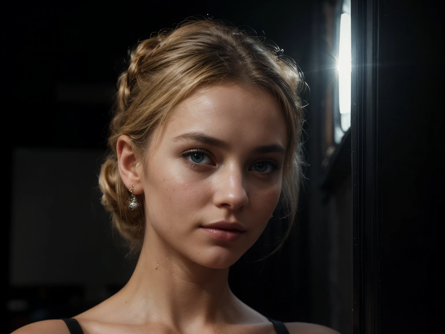 a large empty space, retro futurist liminal space, familiar place, being renovated, demolished, 1 woman, ballet posed, hypnotic, (two eye colors: hazel and blue),(old dark space is filled with mystery), she's contemporary blond beauty, ((she's wearing pristine clean white satin dress with bare feet:0.5) interior , realistic photo, (52% of photo is black in drawing:1.4), (everything is grimy, dirt, soiled, except woman:0.9), (woman is only clean thing:1.4) , she is confused, (early sunrise light:1.1), (Rembrandt lighting:0.9) ,(relaxed intimate photoshoot), beautiful face, (her hair is blonde and worn updo, french twist,)slight smile, intense presence, (perfect posture:1.4), cozy relaxed, catching us, beautiful hands, kind eyes, gorgeous soft warm lighting:1.4,, incredible details, ((high contrast)), (deep, darkest shadows), (shadow details:1.0), ((taken using Leica camera, aperture: f/2.3)) , hyper-realistic skin, pores, scar, mole, (shack is gritty and dusty, she's clean and pretty), healthy skin,, her arms relaxed, relaxed moment, she's in dark with natural light glow, (romantic light:1.2), radiant skin, perfectly framed face, perfect relaxed hands, perfect fingers, (perfect portrait, incredible eyes:1.1), a work of art, beautiful composition, golden ratio, contrast, masculine and feminine, old and new, inspiring, (highest quality fabric texture), every detail,Fine facial features – (Highest Quality) ,Leica camera film, High quality ○○ detailed – ○○ details ultra detailed(Ultra-fine ), Photorealistic, Extremely detailed(Extremely detailed) , (highest detail image, lens flare, realistic)○○ res – ○○ resolution ultra high res(A high resolution),playful relaxed photos