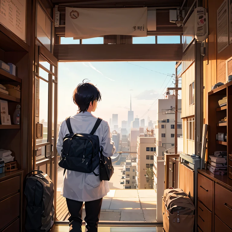 Morning in the city、The morning sun is shining、a man has a bag、posterior view、Faraway view